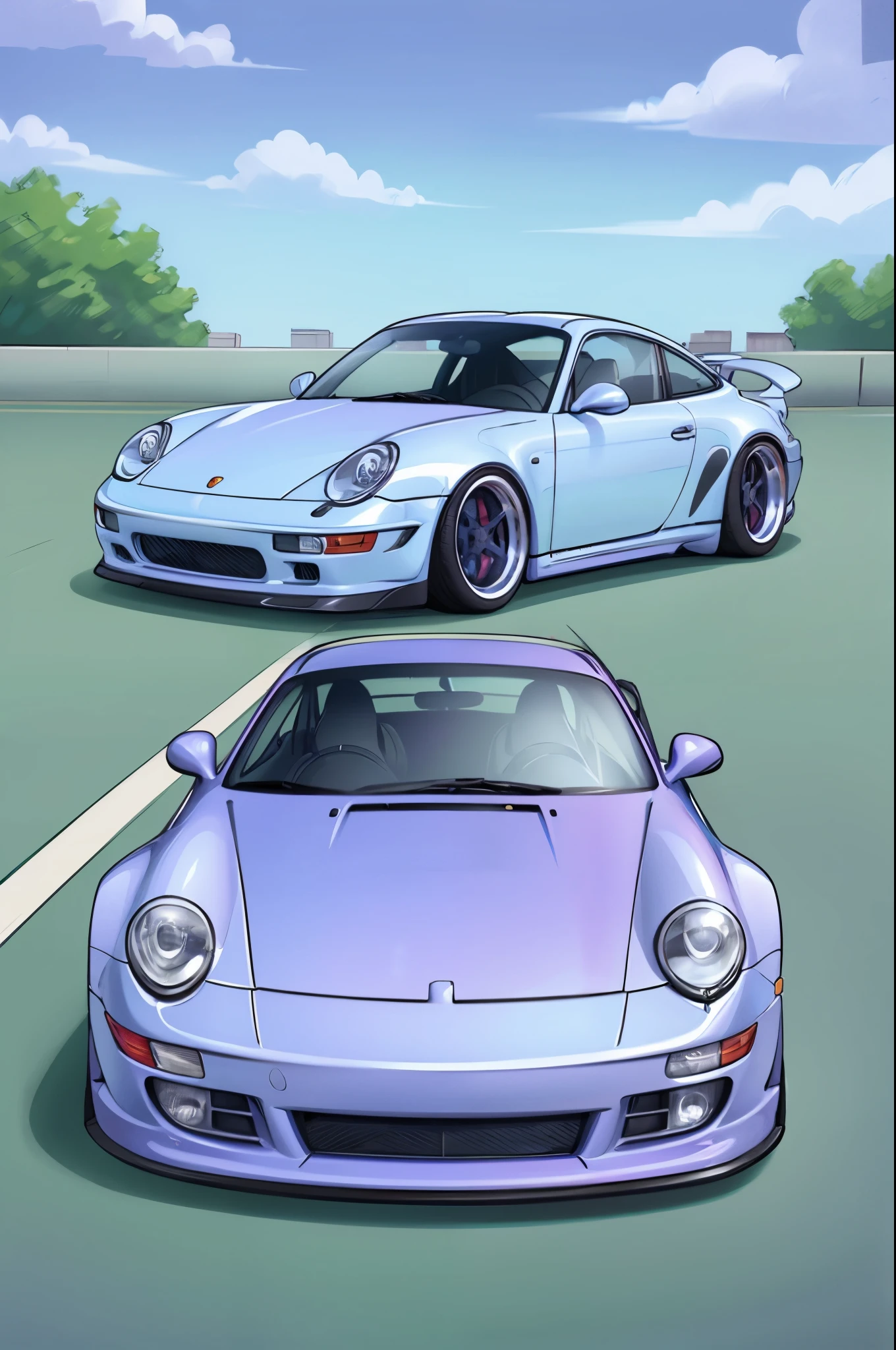 blue
Porsche 911 rwb, wide body, sketch,
cartoonish, comic strip, rendering, purple wheels, bagged, slammed to the ground, empty parkinglot, style dessin manga, couleur