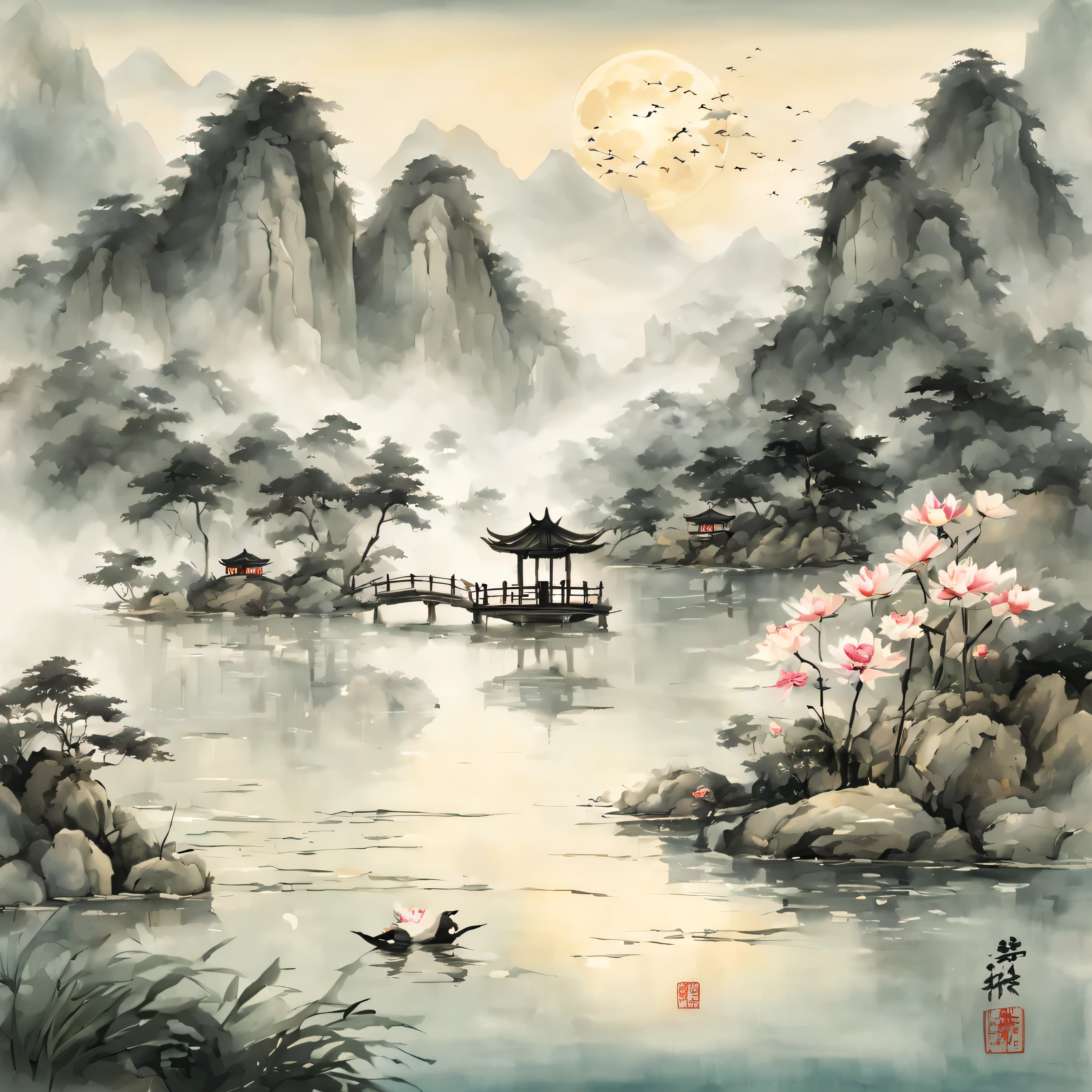 masterpiece,best quality,Chinese martial arts style,an asian night scene with lanterns and water lilies,asian pond with many lanterns and boatsa night scene with many lights and boats in the water, Lake surface, lotus flowers,beautiful night scene,(((Chinese martial arts style))), with vast sky, continuous mountains and steep cliffs, ink wash style, outline light, atmospheric atmosphere, depth of field, mist rising, bamboo, pine trees, octagonal stone pavilion, waterfall flowing water,big full moon,(No color) , Monochrome, light color,