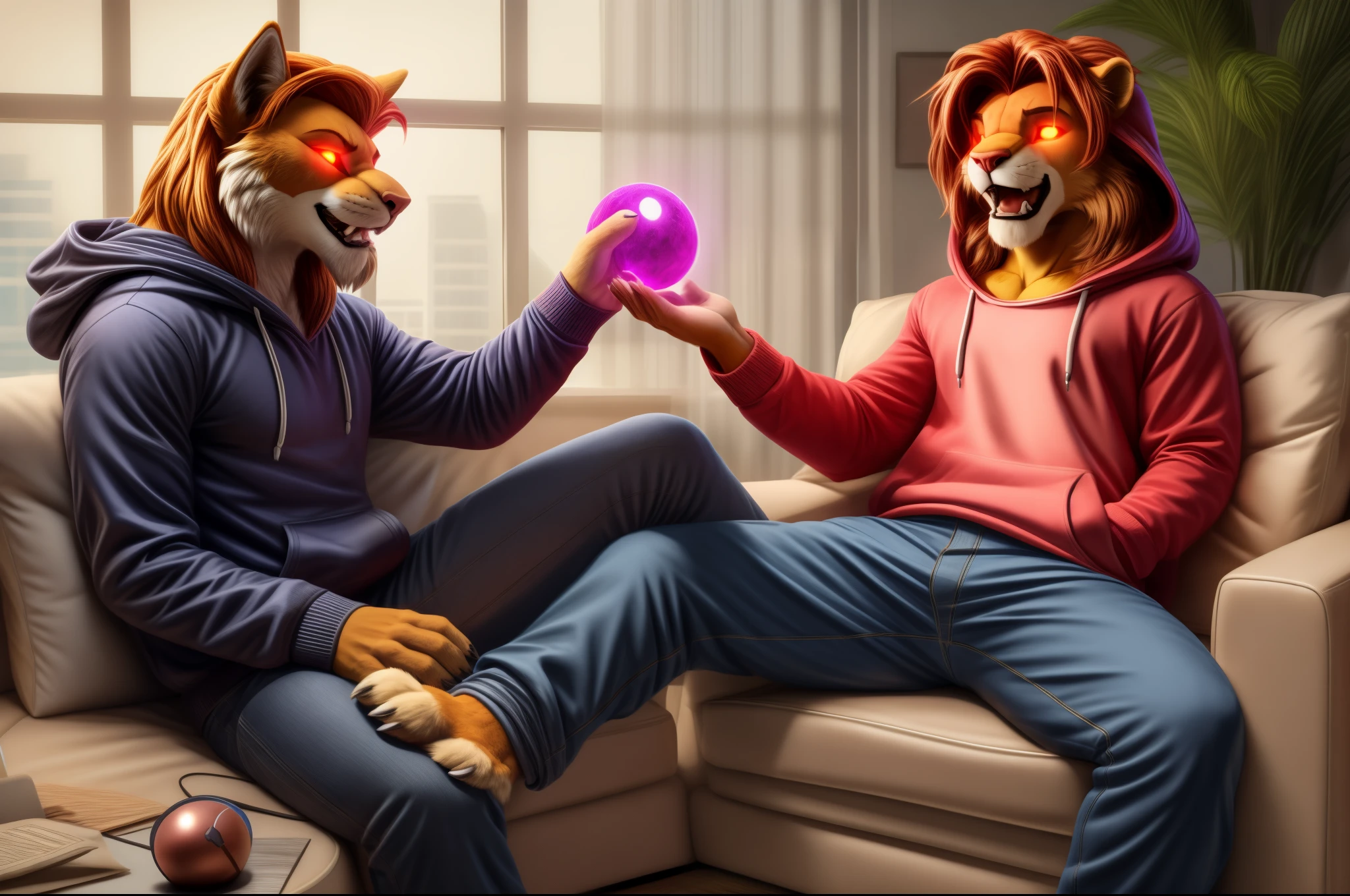 Barefoot furry character, full body, furry boy. Muscular barefoot hypnotised young Simba (Simba as kid) in casual teens clothes (hoodie, long pants) lying on a modern grey couch in a psychologist's office, undergoing hypnotherapy, watching crystalball with hypnotic red glow in evil doctor's hand, hypnotised expression, (brainwashed look), wide open eyes, ((red glowing eyes)), (open mouth, extremely drooling), detailed nice short feet paws with short claws and pawpads, (((short lifted feet paws))), BREAK, detailed background, 8K, (masterpiece), intricate details, highly detailed, extreme detail, best quality, highres, (detailed face), nice face, ((full_body)), UHD, ((perfect hands)), ((clean anime))