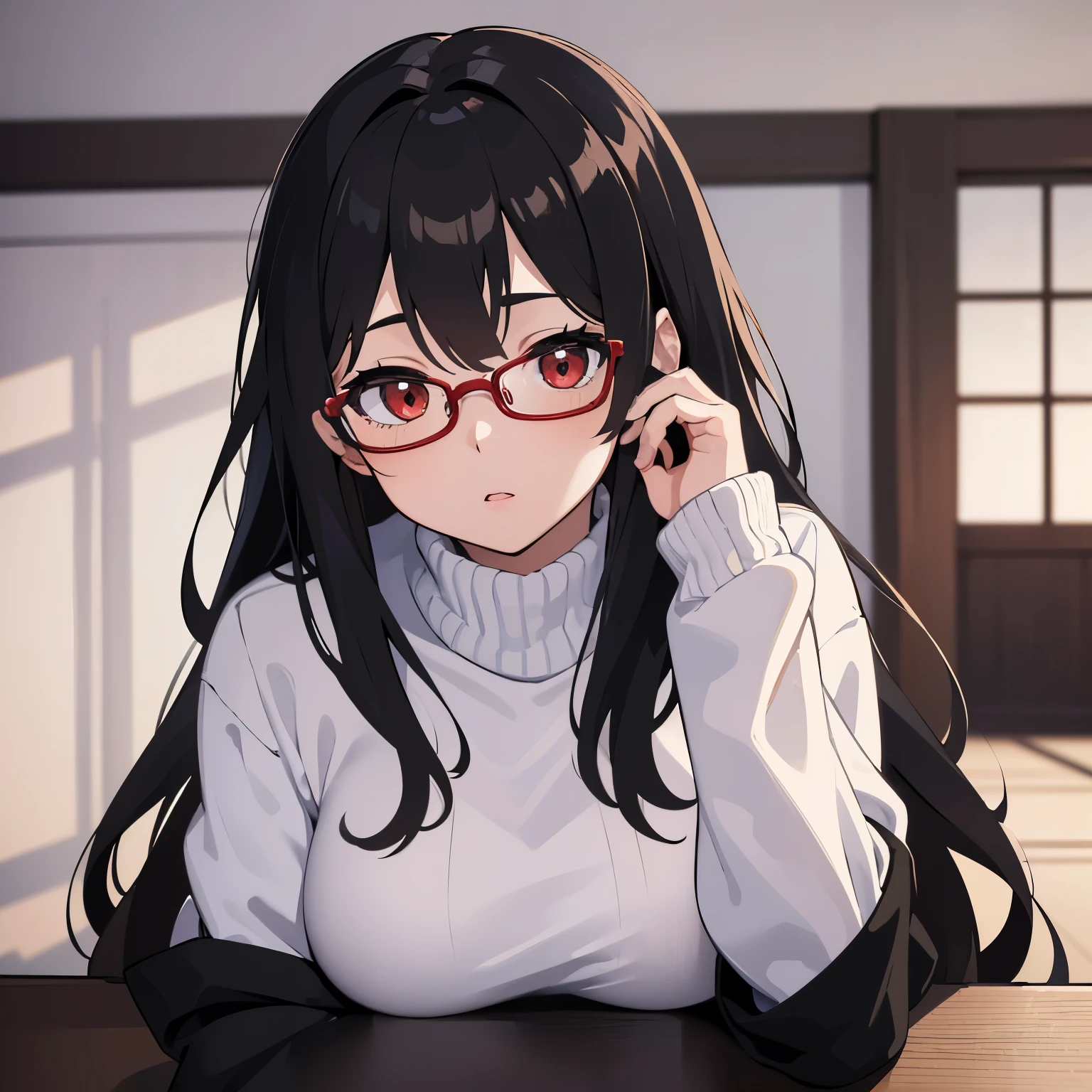 (best quality,4k,8k,highres,masterpiece:1.2),ultra-detailed, Kyoto animation style,photorealistic,photo-realistic:1.37),portraits,red eyes,glasses,avatar picture,smooth white skin,long black hair,white thick sweater,long sleeve,facing to the viewer, detailed anime style, black skirt, smooth thighs 