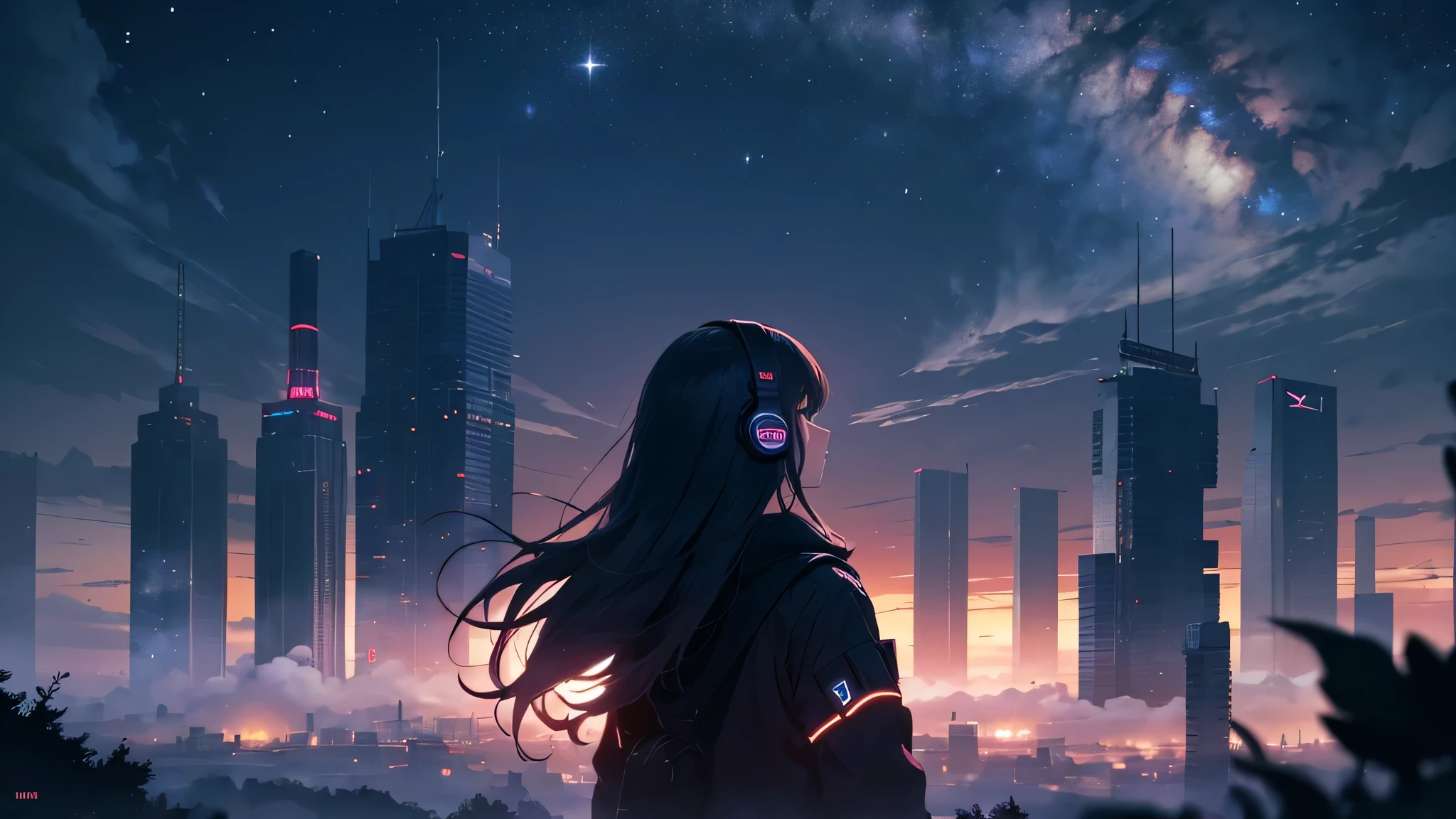 octane rating, nullはまだ明るいnull, star (null), scenery, starnull, night, 1 girl,silhouette, wear headphones,nightnull, alone, outdoors, building, cloud, milky way, dancing, wood, long hair, city, run away,