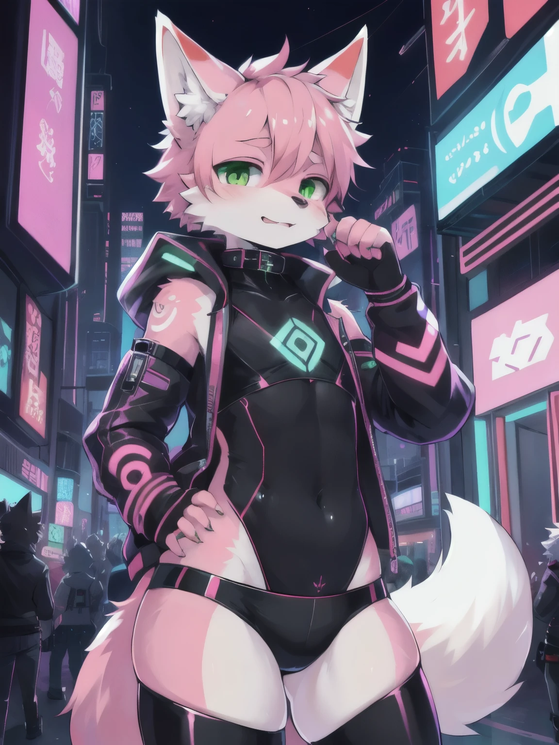 masterpiece, perfect anatomy, solo, 1boy, Furry, kemono, furry shota, furry fox, anthropomorphic, male, pink fur, pink skin, green eyes, femboy, cyberpunk clothes, revealing clothes, cyberpunk city, strip club, uploaded on e621, Cyberpunk technology. cybernetics, glowing womb tattoo, by Zackary91