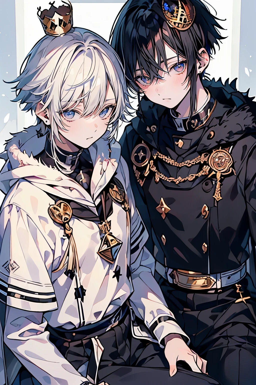 (muste piece), (best quality), very detailed, (((Two friendly high school boys:1.5))), perfect face, beautiful face, very detailed face，(black haired prince:1.3)，(white haired prince:1.3)，crown，fur cloak