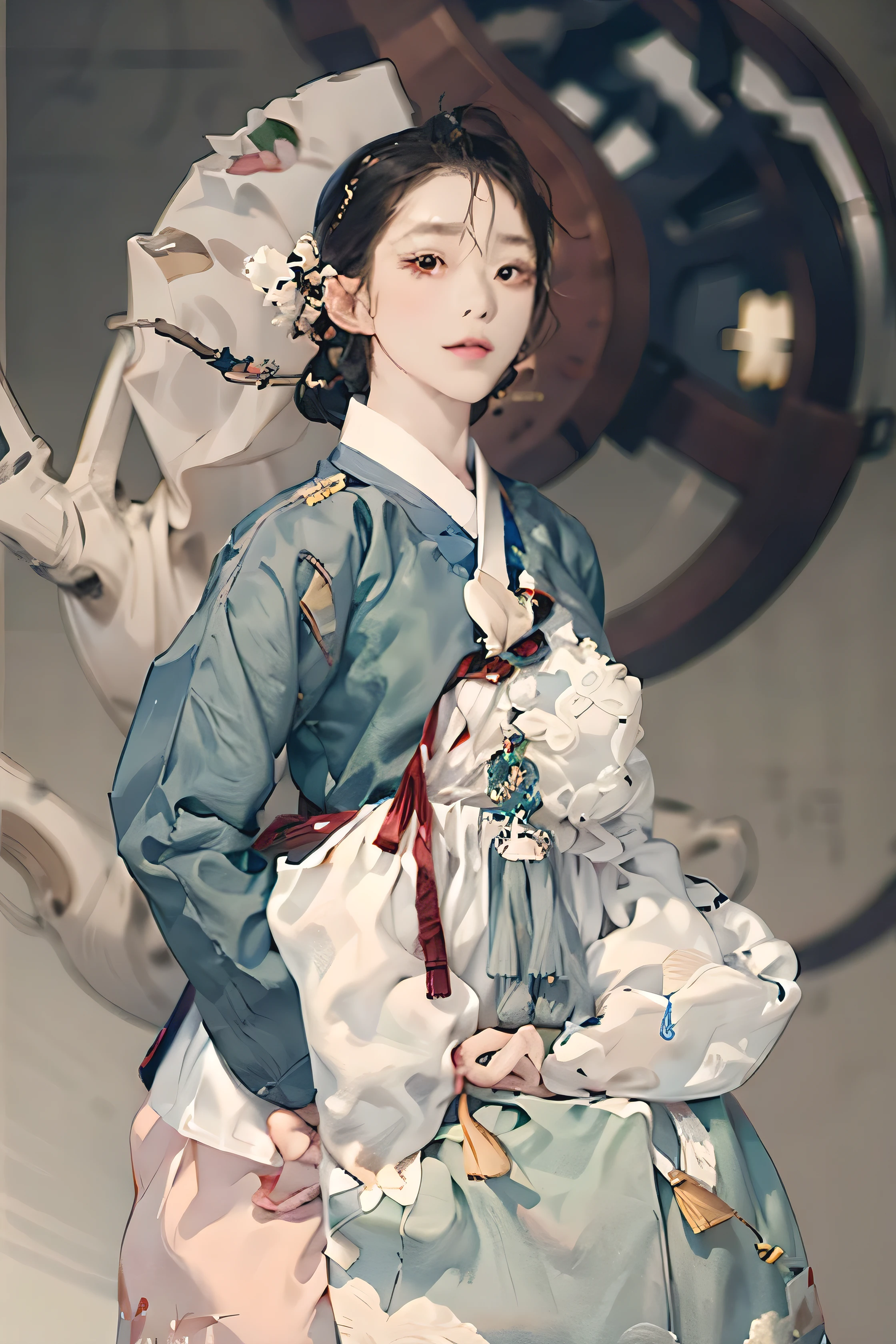 a woman in a he is a book dress poses for a photo, he is a book, korean he is a book, traditional clothes, Dressed in noble clothes, Inspired by Jeongseon, traditional clothing, Inspired by Shin Saimdang, traditional dress, wearing colorful silk clothes, he is a book apron, Hanfu, traditional, Works inspired by Yoon Du-seo, Korean woman