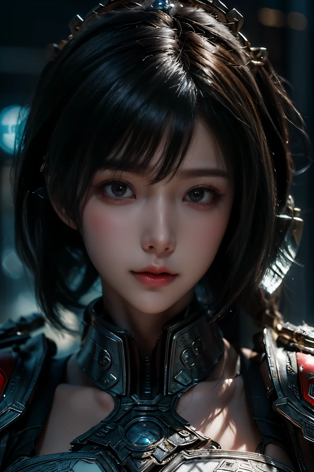 Masterpiece,Game art,The best picture quality,Highest resolution,8K,(Portrait),Unreal Engine 5 rendering works,(Digital Photography),((Portrait Feature:1.5)),
20 year old girl,Short hair details,With long bangs,(The red eye makeup is very meticulous),(White with short hair:1.4),(Large, full breasts),Elegant and noble,Brave and charming,
(Future armor combined with the characteristics of ancient Chinese armor,Hollow design,Power Armor,The mysterious Eastern runes,A delicate dress pattern,A flash of magic),Warrior of the future,Cyberpunk figures,Background of war,
Movie lights,Ray tracing,Game CG,((3D Unreal Engine)),OC rendering reflection pattern