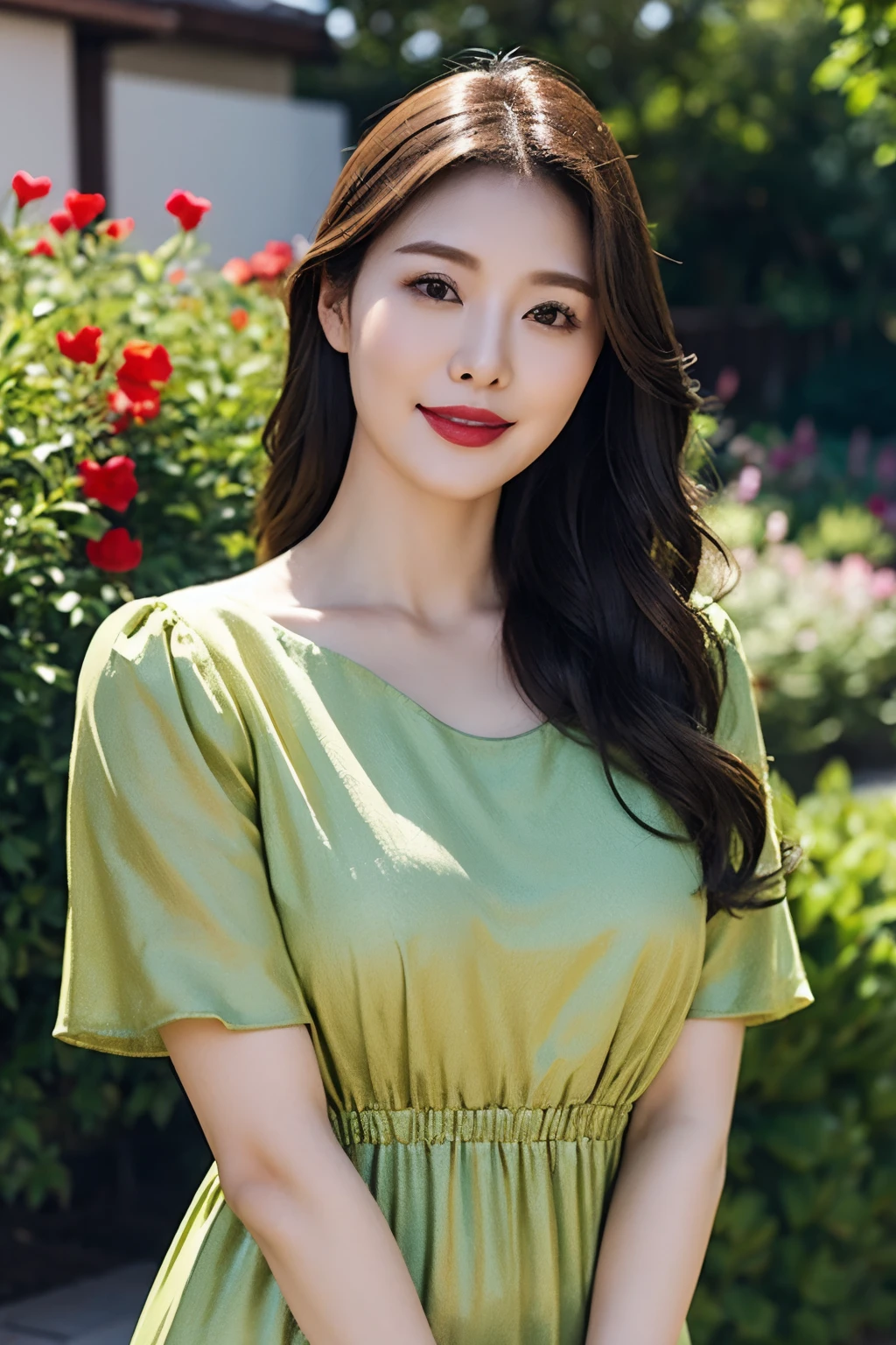 Draw lips correctly, red lipstick, from chest up, best quality, Super detailed, lifelike, Super fine skin, perfect anatomy, (1 日本Mature的女人), (alone)，Wear a floral green high-end round neck dress，short sleeve，wavy long hair，37-year-old female，Mature，charming smile，garden background，stand，The face is chubby，Slightly fat body，medium chest，full-body shot