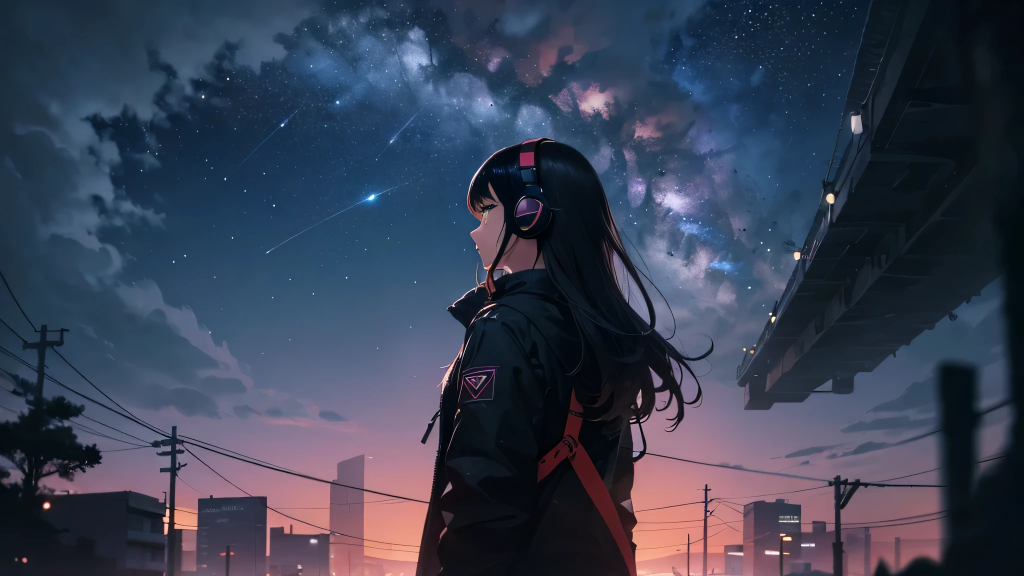 octane rating, nullはまだ明るいnull, star (null), scenery, starnull, night, 1 girl,silhouette, wear headphones,nightnull, alone, outdoors, building, cloud, milky way, dancing, wood, long hair, city, run away,
