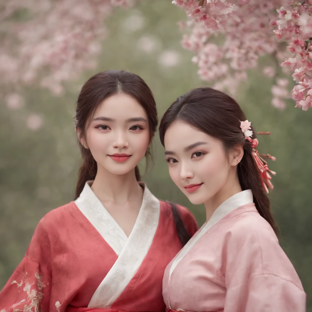 ultra-detailed, slim body, tight waist, small head, small face, beautiful detailed eyes, detailed skin, thin thighs, thin legs, huge round breasts, studio lighting, full shot, earrings, (smile), (embrace), ((hanfu)), ((2 girls in red or pink)), flowers, dusk