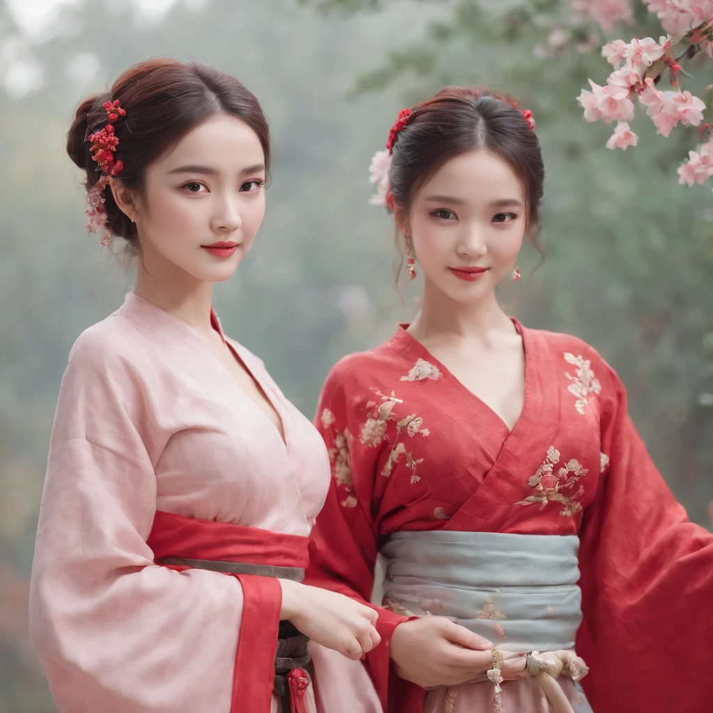 ultra-detailed, slim body, tight waist, small head, small face, beautiful detailed eyes, detailed skin, thin thighs, thin legs, huge round breasts, studio lighting, full shot, earrings, (smile), (embrace), ((hanfu)), ((2 girls in red or pink)), flowers, dusk