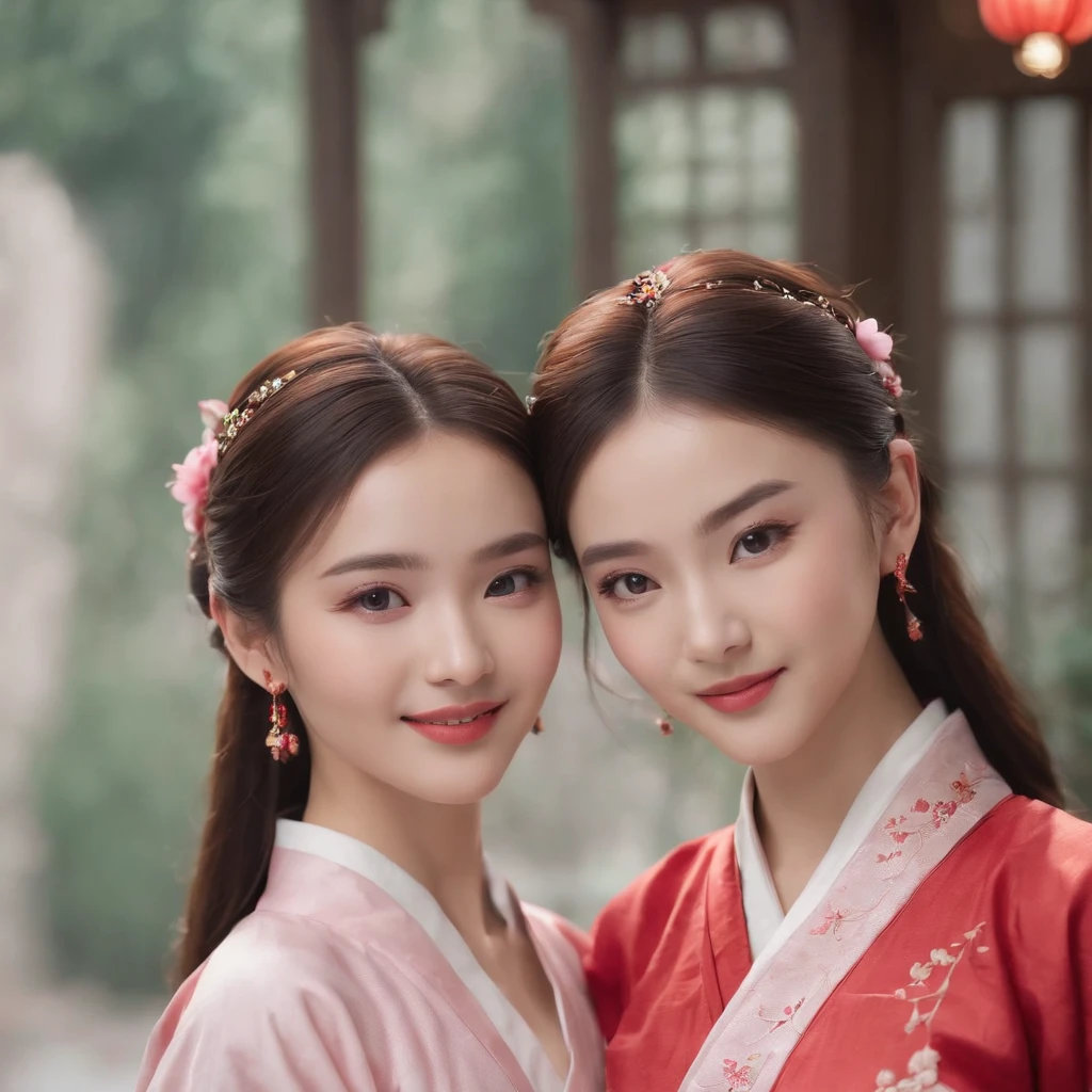 ultra-detailed, slim body, tight waist, small head, small face, beautiful detailed eyes, detailed skin, thin thighs, thin legs, huge round breasts, studio lighting, full shot, earrings, (smile), (embrace), ((hanfu)), ((2 girls in red or pink)), flowers, dusk
