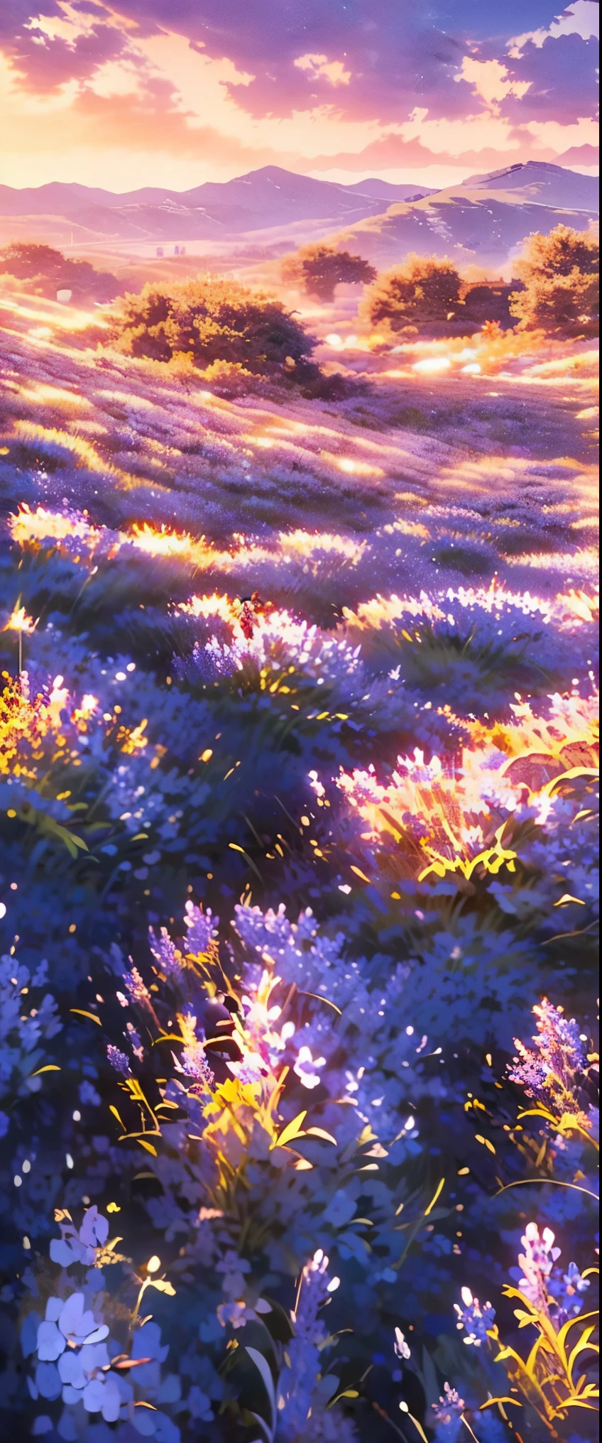 ((masterpiece, highest quality, Highest image quality, High resolution, photorealistic, Raw photo, 8K)), a field of purple flowers with the sun setting in the background, really beautiful nature, lilac sunrays, lavender fields in full bloom, beautiful nature, violet sky, purple beautiful sky, purple sunset, violet and yellow sunset, incredibly beautiful, in a lavender field in france, at purple sunset, beautiful place, field of fantasy flowers, purple sun, field of flowers, A young woman is sitting in a small boat in the middle of a lavender field, 