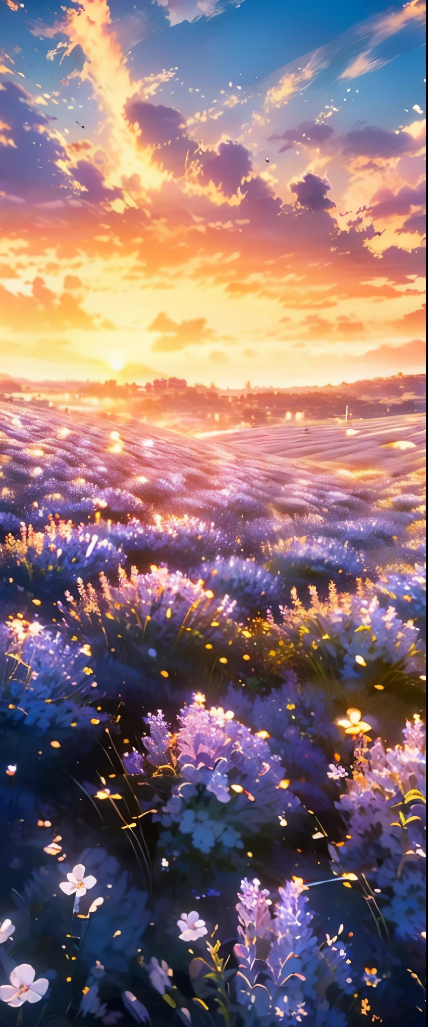 ((masterpiece, highest quality, Highest image quality, High resolution, photorealistic, Raw photo, 8K)), a field of purple flowers with the sun setting in the background, really beautiful nature, lilac sunrays, lavender fields in full bloom, beautiful nature, violet sky, purple beautiful sky, purple sunset, violet and yellow sunset, incredibly beautiful, in a lavender field in france, at purple sunset, beautiful place, field of fantasy flowers, purple sun, field of flowers, A young woman is sitting in a small boat in the middle of a lavender field, 