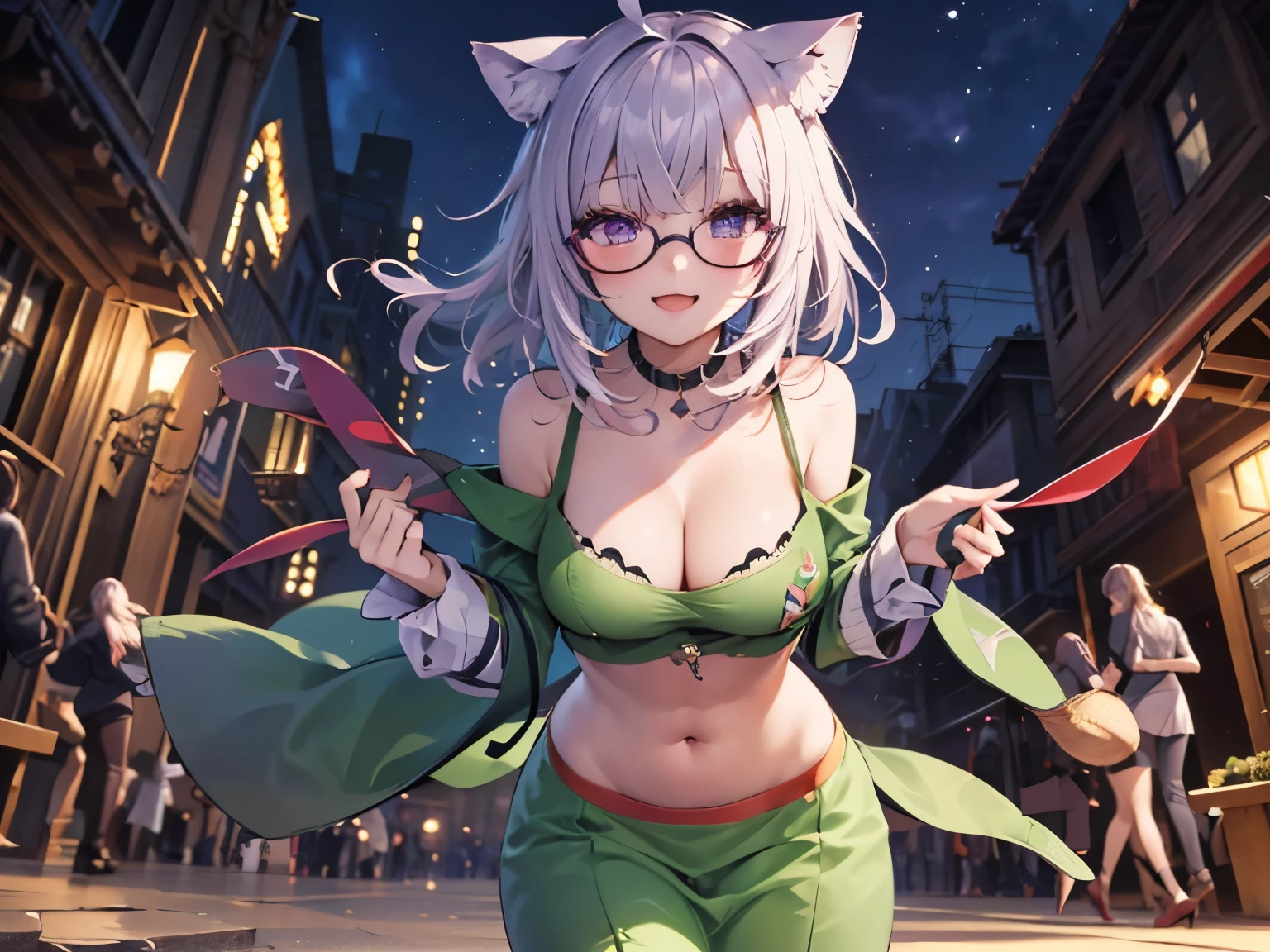 highest quality,wonderful,masterpiece,delicate,ultra high resolution,Super detailed,intricate details,beautiful,8K resolution,(Highly detailed CG Unity 8k wallpaper),sharp focus、1 female、okayudefault, cat tail, ahoge、red glasses、green dress、off shoulder、outdoors、smile、belly button、big breasts、Upper breasts