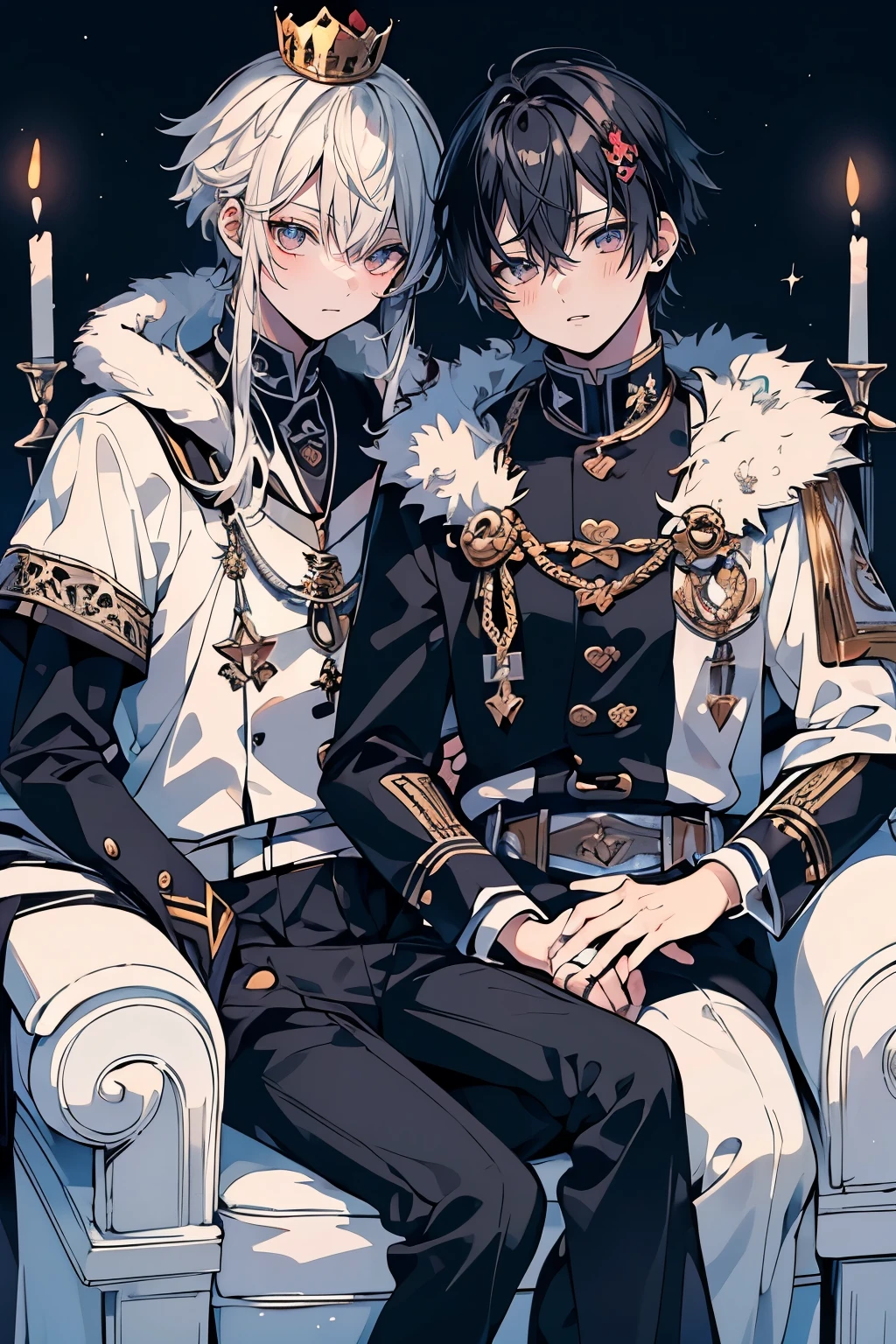 (muste piece), (best quality), very detailed, (((Two friendly high school boys:1.5))), perfect face, beautiful face, very detailed face，(black haired prince:1.3)，(white haired prince:1.3)，crown，fur cloak，throne
