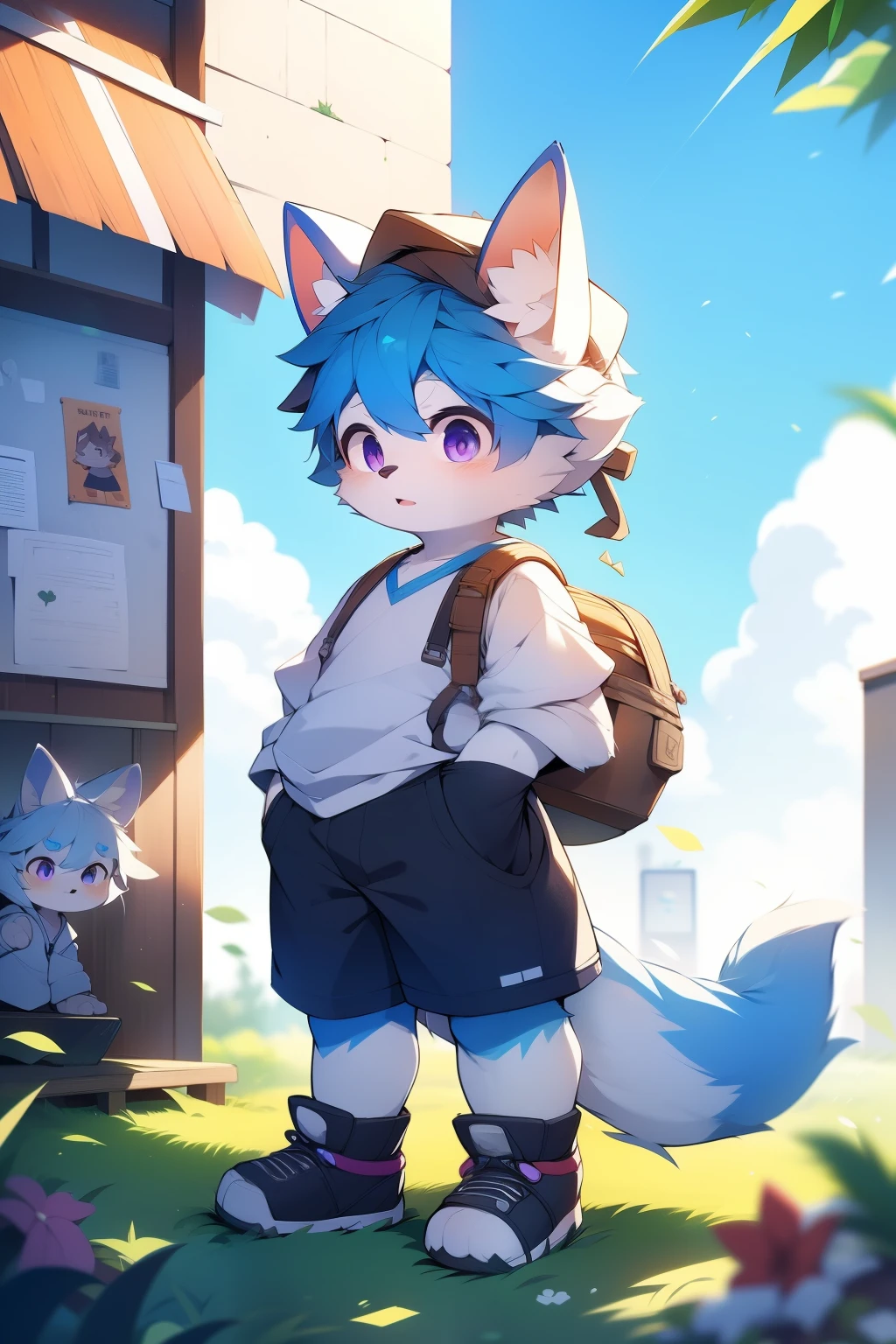 the only person,blue hair,hairy male,hairy body,exhibit,Coyotes,canine,gray fur,long white hair,The ends of the hair are purple,purple eyes,being bullied,Lovely,Handsome,big tail,Full body female love,standing in the clouds,immortal,jinni,horny boy,Shota,no shoes