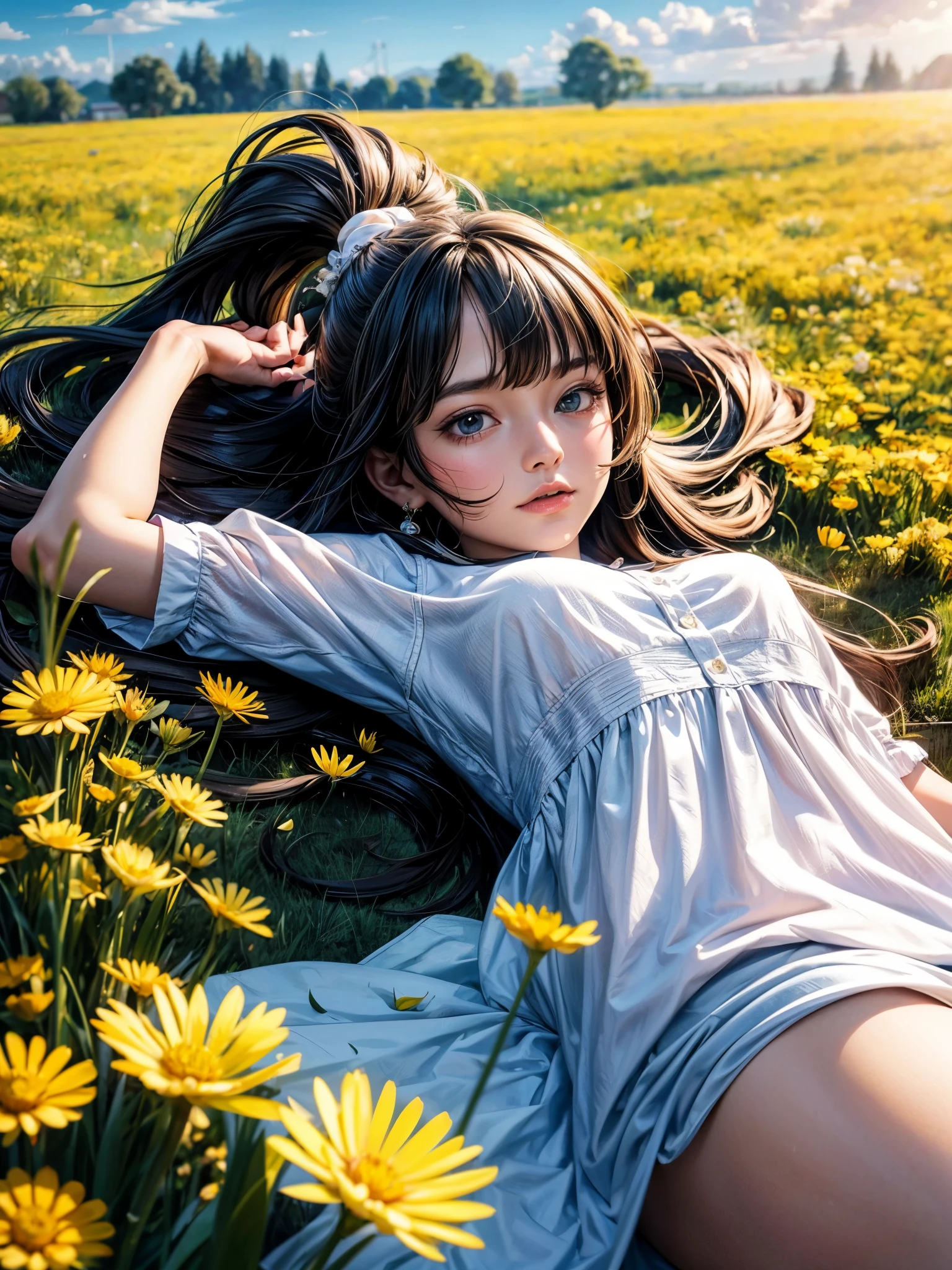 White skirt full orange wavy shoes no socks big white legs sexy gentle beautiful girl standing in the flowers under the blue sky