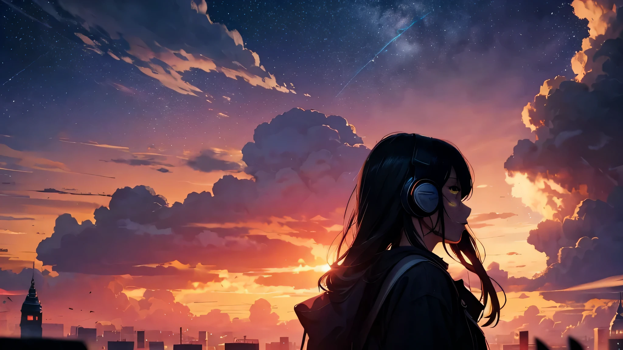 octane rating, Red sunset, star (null), scenery, starnull, night, 1 girl,silhouette, wear headphones,nightnull, alone, outdoors, building, cloud, milky way, dancing, wood, long hair, city, run away,