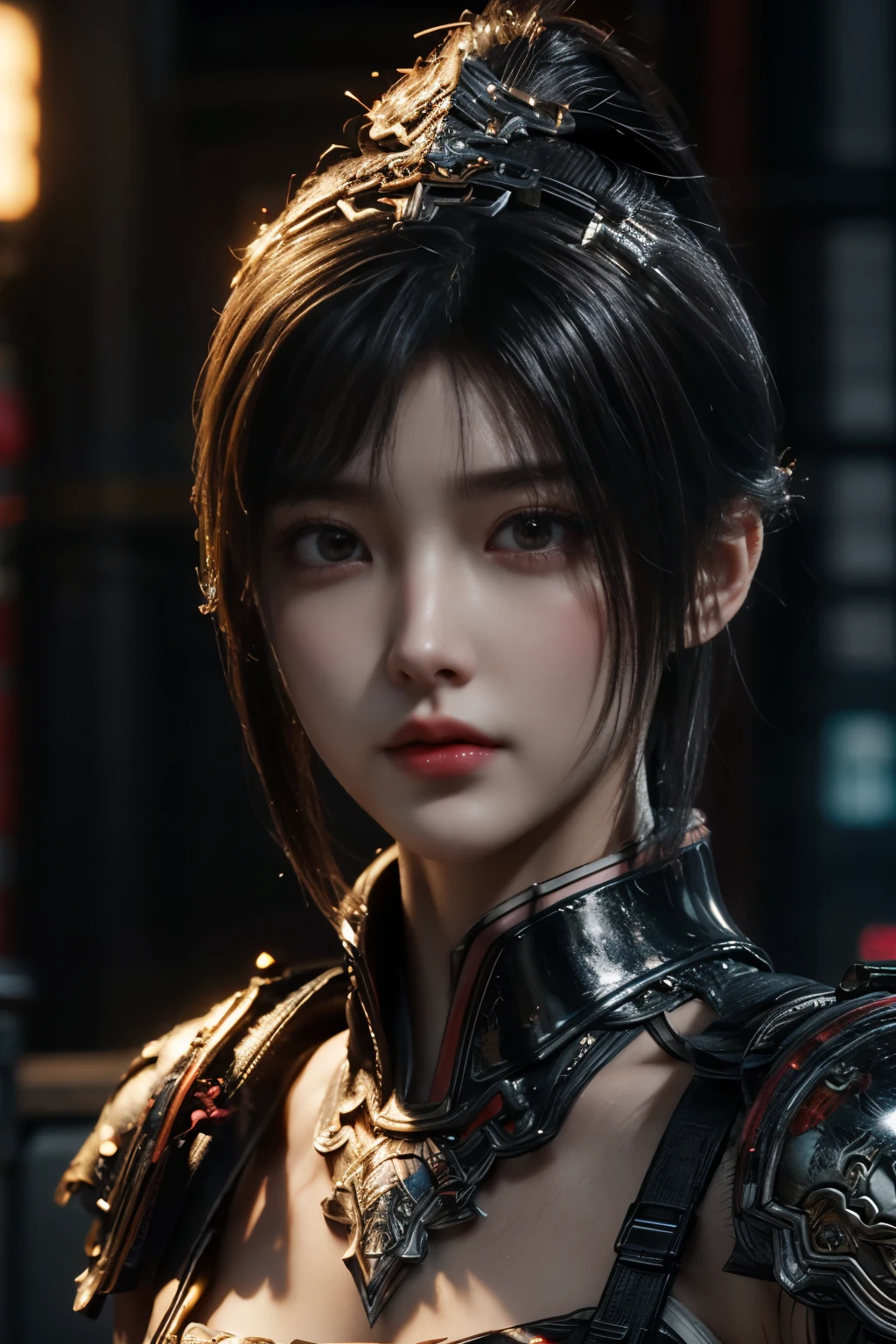 Masterpiece,Game art,The best picture quality,Highest resolution,8K,(Portrait),Unreal Engine 5 rendering works,(Digital Photography),((Portrait Feature:1.5)),
20 year old girl,Short hair details,With long bangs,(The red eye makeup is very meticulous),(White with short hair:1.4),(Large, full breasts),Elegant and noble,Brave and charming,
(Future armor combined with the characteristics of ancient Chinese armor,Hollow design,Power Armor,The mysterious Eastern runes,A delicate dress pattern,A flash of magic),Warrior of the future,Cyberpunk figures,Background of war,
Movie lights,Ray tracing,Game CG,((3D Unreal Engine)),OC rendering reflection pattern