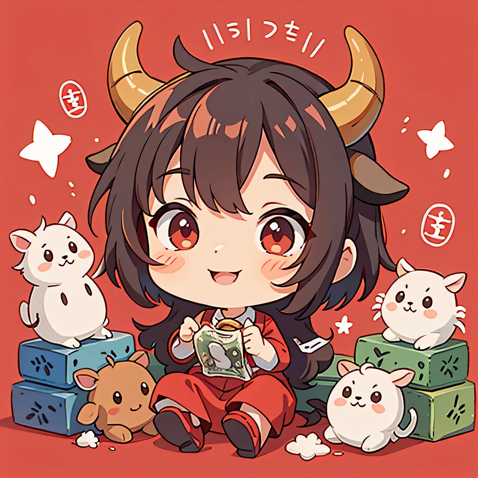 alone，red background，cartoon cow、trumpet，money，ingot，Smiling chibi doll，god of wealth