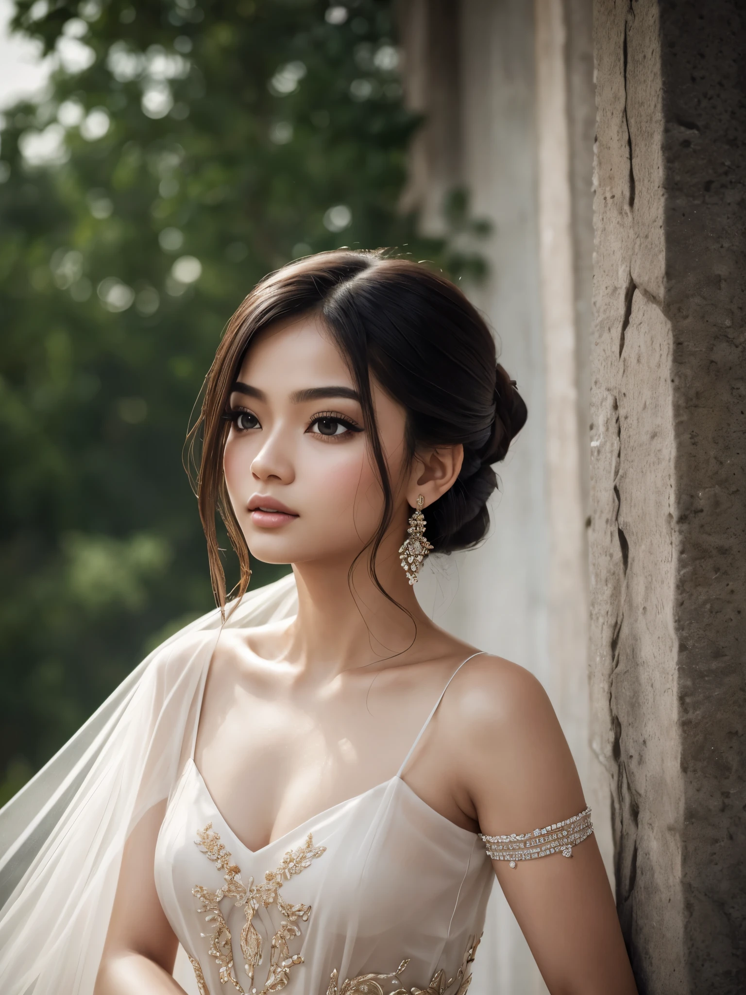 photo of a indo-javanese, RAW, most beautiful girl, (extra long straight hair in a ponytail), ((portrait)), ((detailed face:1.2)), ((detailed facial features)), (finely detailed glass porselen skin), pale skin, high detailed deep cleavage bodycon hasmat suit , medium natural breast, megacity environment, (warm colors), damp, moist, reflections, (masterpiece) (perfect proportion)(realistic photo)(best quality) (detailed) photographed on a Canon EOS R5, 50mm lens, F/2.8, HDR, (8k) (wallpaper) (cinematic lighting) (dramatic lighting) (sharp focus) (intricate)