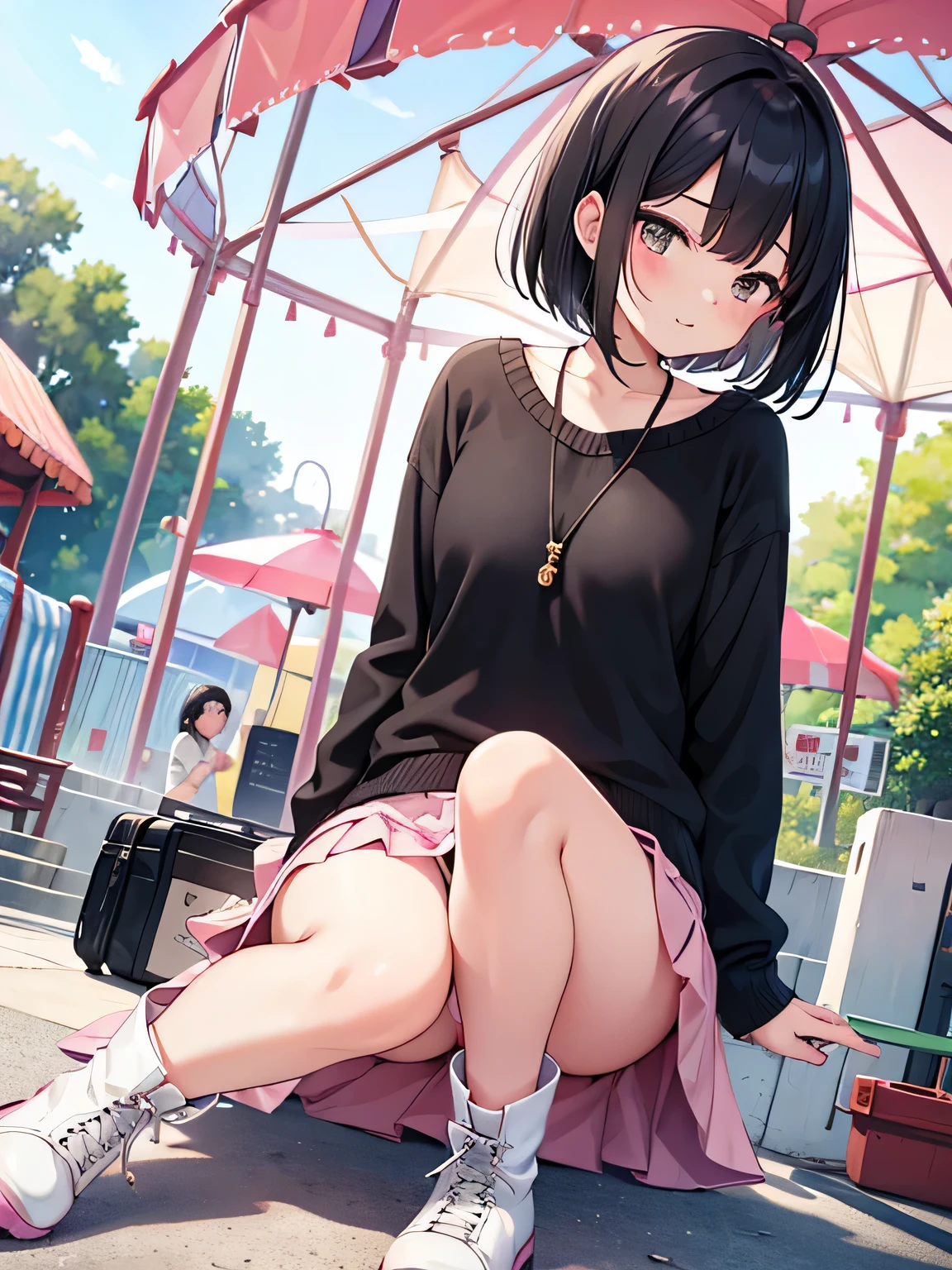 (1) A woman is rolling up her skirt by herself.
(2) Her pink panties are peeking out from her rolled up skirt..
(3) she has short black hair.
(4) She is wearing a white turtle knit and long boots.
(5) The place is an amusement park.