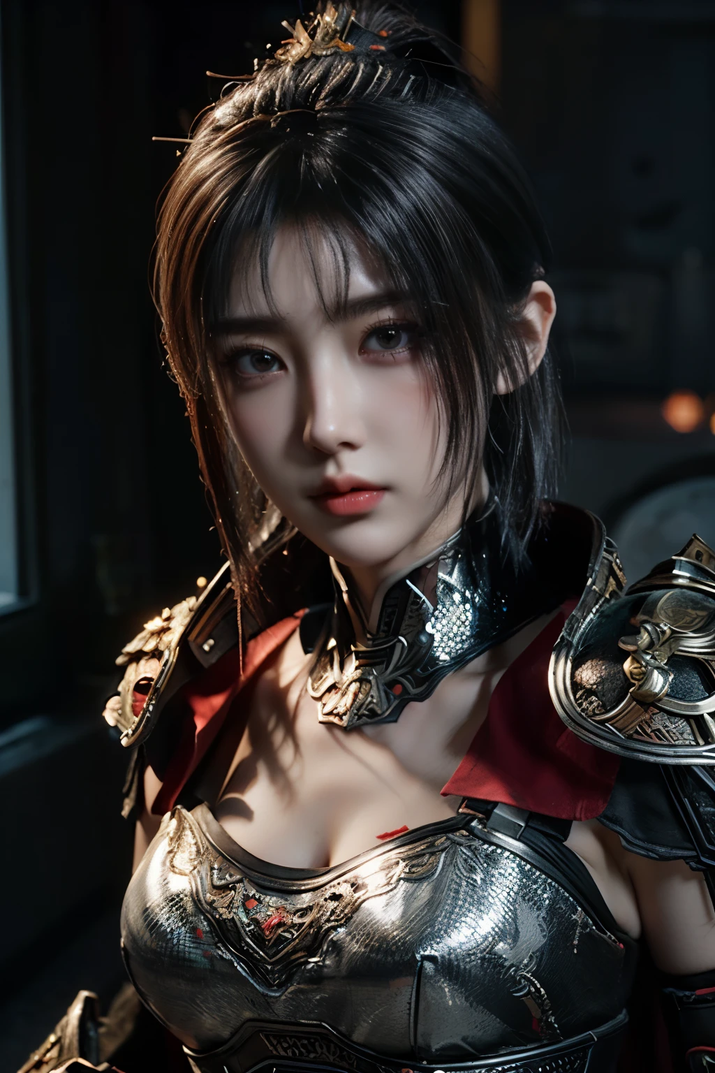 Masterpiece,Game art,The best picture quality,Highest resolution,8K,(Portrait),Unreal Engine 5 rendering works,(Digital Photography),((Portrait Feature:1.5)),
20 year old girl,Short hair details,With long bangs,(The red eye makeup is very meticulous),(White with short hair:1.4),(Large, full breasts),Elegant and noble,Brave and charming,
(Future armor combined with the characteristics of ancient Chinese armor,Hollow design,Power Armor,The mysterious Eastern runes,A delicate dress pattern,A flash of magic),Warrior of the future,Cyberpunk figures,Background of war,
Movie lights,Ray tracing,Game CG,((3D Unreal Engine)),OC rendering reflection pattern