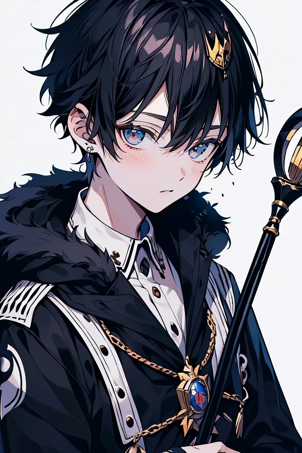 (muste piece), (best quality), very detailed, (((Two friendly high school boys:1.5))), perfect face, beautiful face, very detailed face，(black haired prince:1.3)，(white haired prince:1.3)，crown，fur cloak，king&#39;s staff