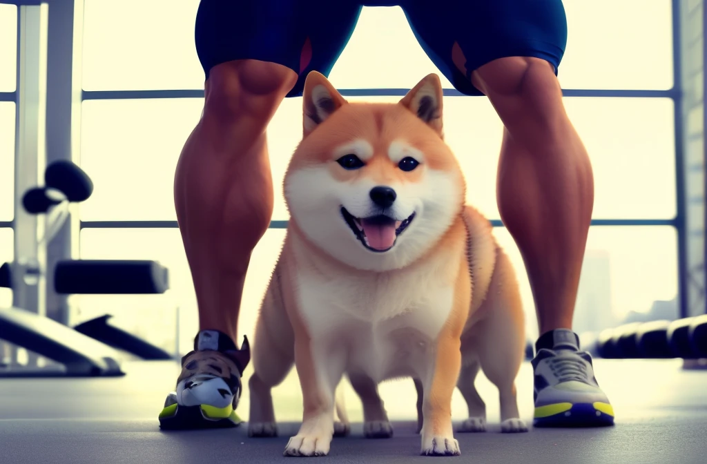 professional photos of [(((Buff Swoledoge))):Buff Swoledoge:8], Amacho macho，grin, Macho stretches his legs and does push-ups ，A small Shiba Inu puppy rides on the back of a macho man，dramatic light like a movie, smooth transition, Bokeh，