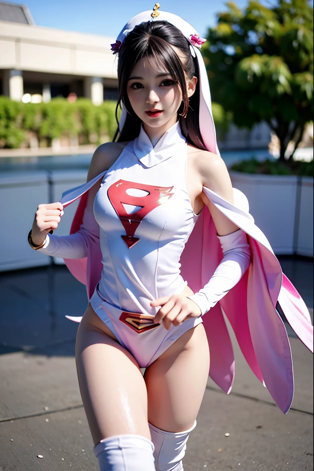Alafi takes a photo wearing pink clothes and a cloak, V-chest open clothes, with cloak, smooth white tight clothing suit, anime girl cosplay, Superhero Girl, Trending on cgstation, anime cosplay, Cute girl in a tank suit, korean girl, Shahi, Chen Xintong, Wenfei Ye, wearing a two-piece swimsuit