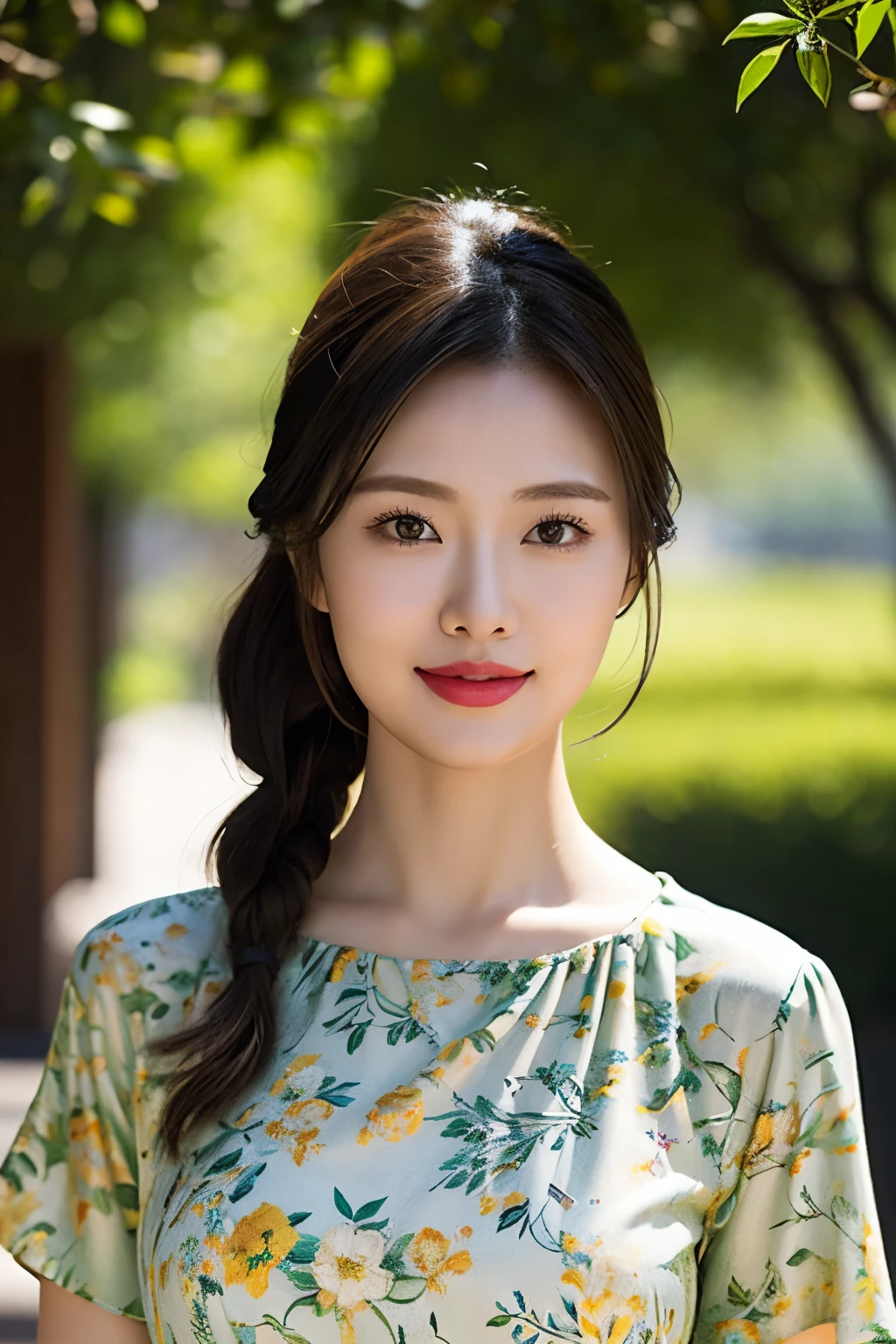 Draw lips correctly, red lipstick, from chest up, best quality, Super detailed, lifelike, Super fine skin, perfect anatomy, (1 日本Mature的女人), (alone),Wear a floral green high-end round neck dress,short sleeve,wavy long hair,27-year-old woman,Mature,charming smile,garden background,stand,The face is chubby,Hair tied into a small ponytail,Slightly fat body,medium chest,full-body shot