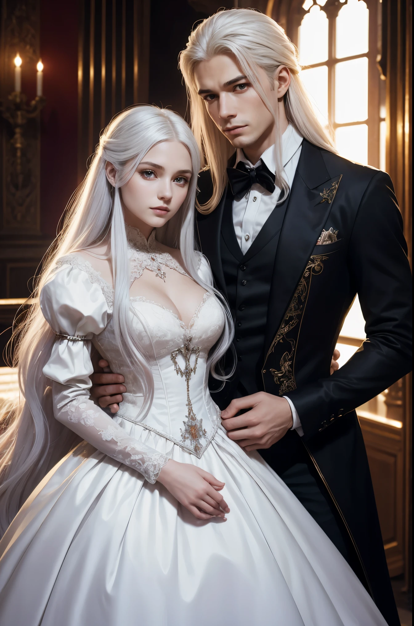 Fantasy, light, castle, 16th century, man and woman next to each other. A young man with long platinum hair, a strong build, a scarlet shirt unbuttoned at the chest. A beautiful girl with long white hair, in a beautiful ball gown of modern tailoring, HD