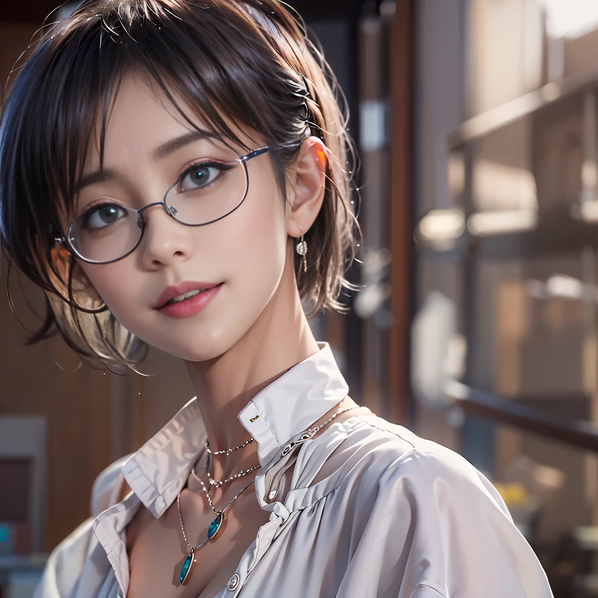 (realistic、Like a photograph、live action、8k, Photoreal, RAW photo, best image quality: 1.4), RAW photo, highest quality, realistic, Highly detailed CG Unity 8k wallpaper, Depth of written boundary, cinematic light, Lens flare, ray tracing, (very beautiful face, beautiful lips, beautiful eyes), (Tight Skirt:1.3、white blouse:1.3、Glasses:1.5)、(big breasts、emphasize the chest:1.1)、face with intricate details, ((super dense skin))、 1 female,beautiful japanese woman、Japanese office lady、(OL、At work)、((inside the office)),(looking at the viewer)、((full body shot:1.1、Curvaceous:1.4))、random hairstyle:1.2、cleavage:1.2、i like the style、Snazzy、super detail face、pay attention to details、short bob hair、Fluffy Bob、sneakers、earrings、necklace、Highly detailed and professional illuminated smile、perfect costume、(white skin)、(I can see the whole body)