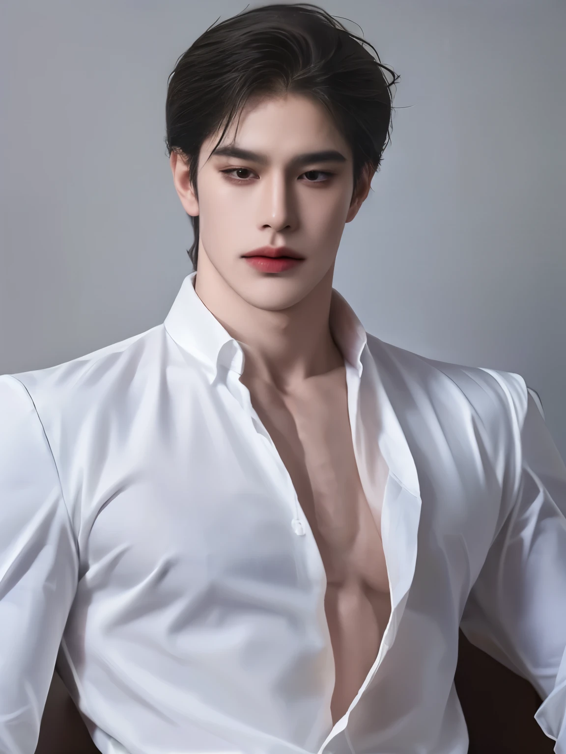 ((highest quality, 8K, masterpiece: 1.3)), Handsome boy from a visual kei band:1.5, 20-year-old、Delinquent boy、 well-groomed face, Red hair color、thin face、(white skin:1.5)、blue eyes、boy with makeup、Super handsome、laugh suspiciously、sexy eyes、Extra-fine face, handsome nose, small eyes and face, beautiful lighting, High resolution, detailed mouth, smile, whole body: 1.5, perfect body shape、super slim,Midial Hair、pointed hair set、white shirt、Chrome hearts、leather pants、leather belt、Silver earrings、leather gloves、lip piercing