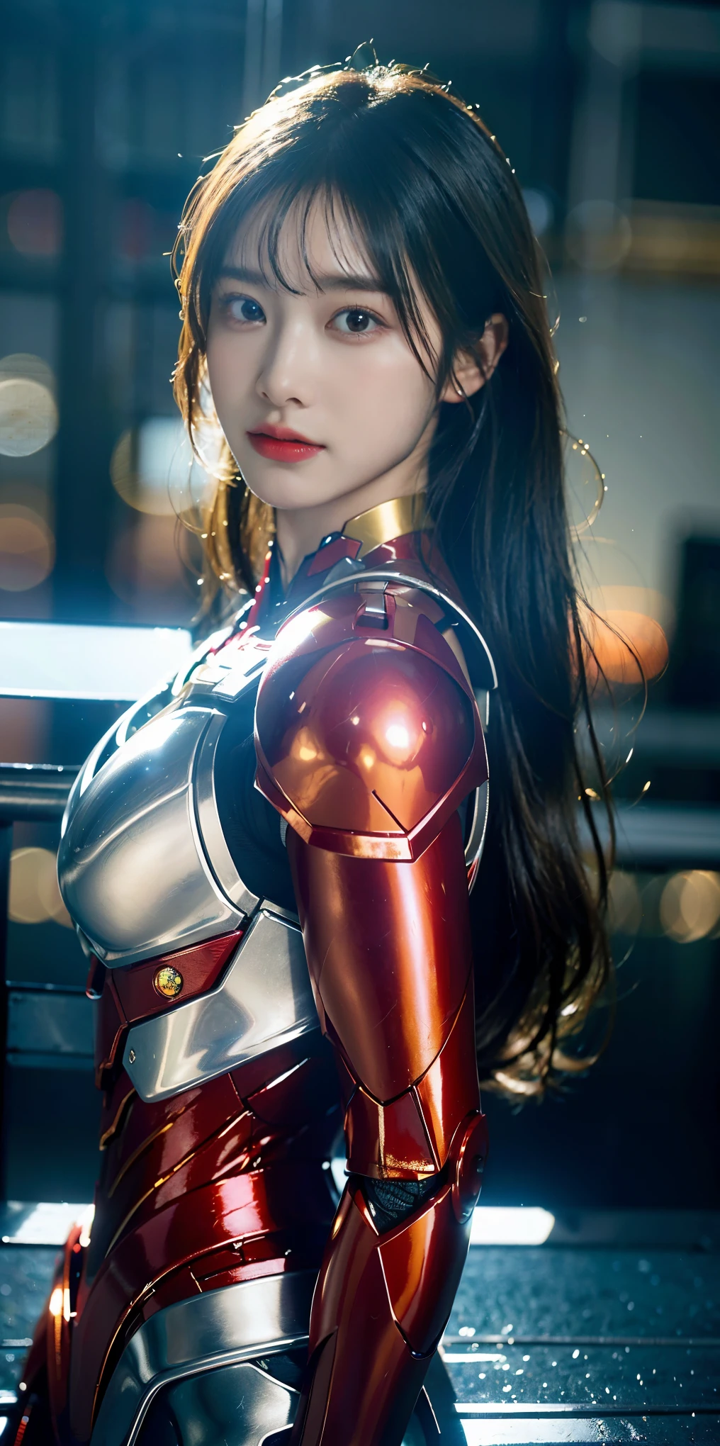 born, table top, ultra-detailed photos,, 最high quality, ultra high resolution, realistic, sunlight, full body portrait, amazingly beautiful,, dynamic pose, delicate face, bornきbornきとした目, (Side view) , She's wearing a futuristic Iron Man mecha, red and gold color scheme, Highly detailed abandoned warehouse background, detailed face, Detailed and intricate busy background, Messy, nice, milky, high definition skin, realistic skin details, visible pores , sharp focus, volumetric fog, 8k UHD, Digital single-lens reflex camera, high quality, film grain, Fair skin, photorealism, lomography, spbornling metropolis in a futuristic dystopia, view from below, translucent