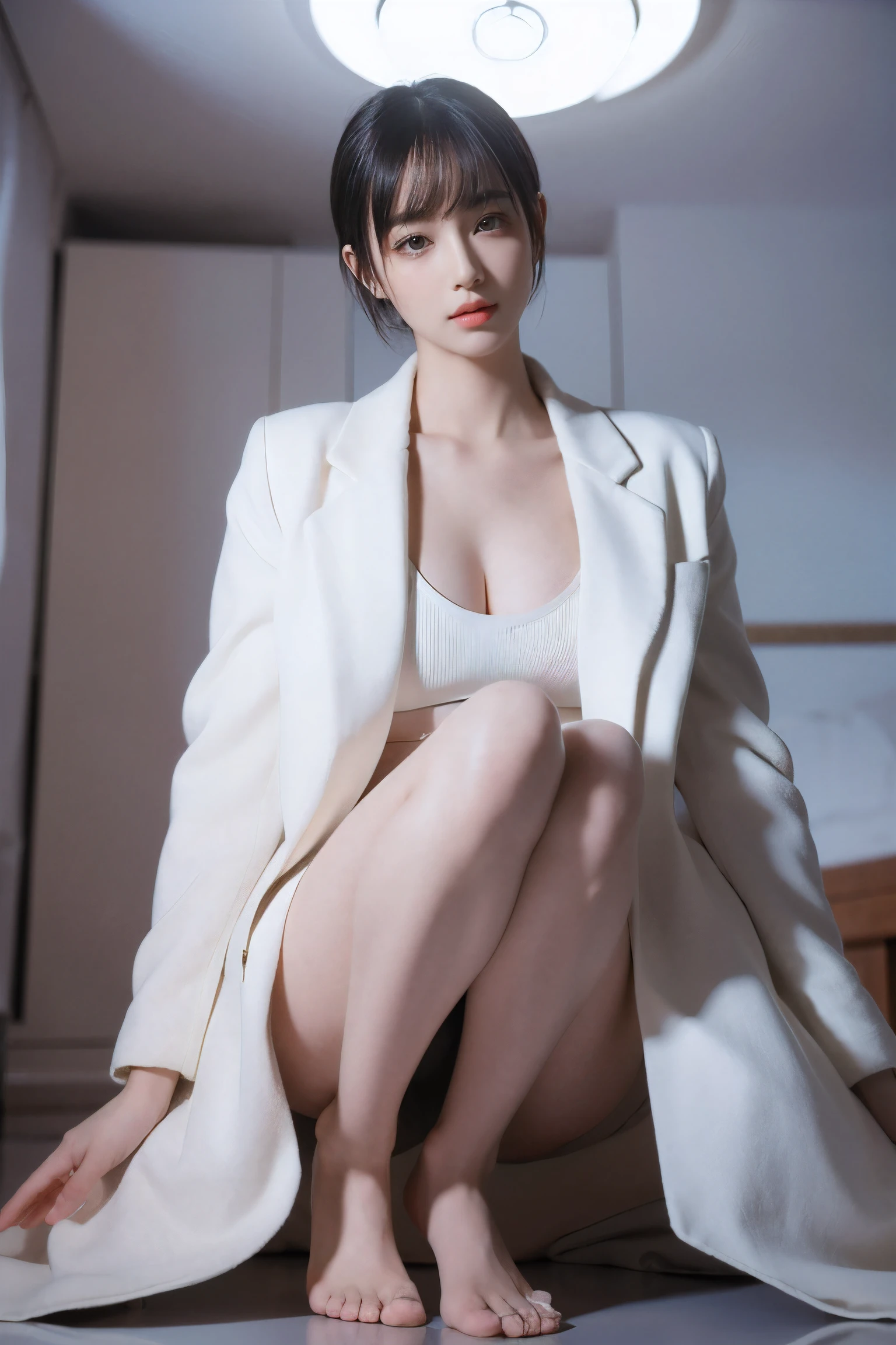 Masterpiece,Game art,The best picture quality,Highest resolution,8K,(A bust photograph),(Portrait),(Head close-up),(Rule of thirds),Unreal Engine 5 rendering works,
Full body female love,20 year old girl,Short hair details,With long bangs,(white hair),red eyes,Elegant and elegant,(Wearing a white coat),shut your mouth,serious yet charming,(scholar),photo poses,Sci-fi style laboratory,white room,
Movie lights,Ray tracing,Game CG,((3D Unreal Engine)),OC rendering reflection pattern