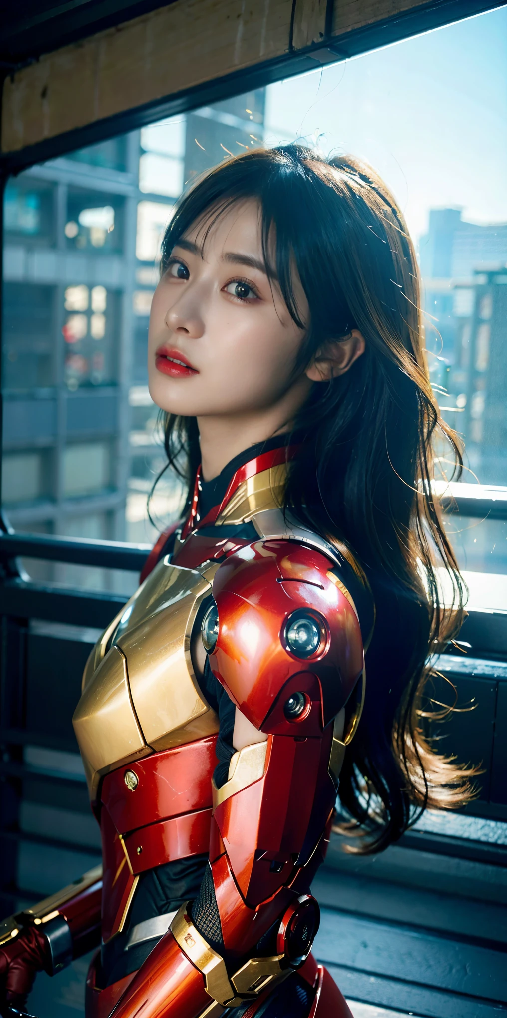 born, table top, ultra-detailed photos,, 最high quality, ultra high resolution, realistic, sunlight, full body portrait, amazingly beautiful,, dynamic pose, delicate face, bornきbornきとした目, (Side view) , She&#39;s wearing a futuristic Iron Man mecha, red and gold color scheme, Highly detailed abandoned warehouse background, detailed face, Detailed and intricate busy background, Messy, nice, milky, high definition skin, realistic skin details, visible pores , sharp focus, volumetric fog, 8k UHD, Digital single-lens reflex camera, high quality, film grain, Fair skin, photorealism, lomography, spbornling metropolis in a futuristic dystopia, view from below, translucent