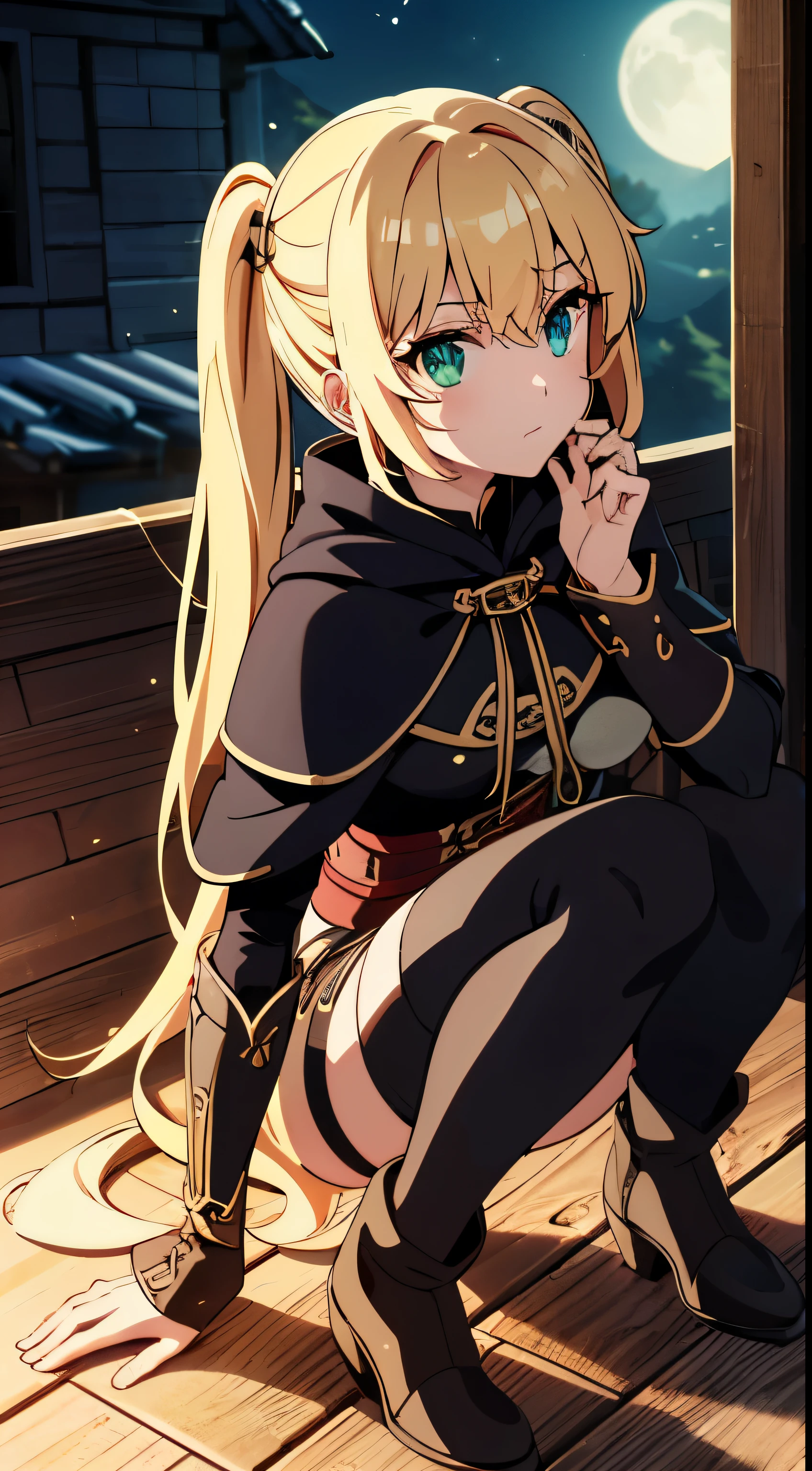 big masterpiece, best quality, extremely detailed CG, beautiful detailed eyes, ultra-detailed, intricate details:1.2), 8k wallpaper, elaborate features, glistening shiny, glowing light, ray tracing, HDR, deph of field, (perfect face), HD, perfect lighting, ((beautiful detailed eyelashes)), ((full body)), solo:1.5 (high-quality, breathtaking),(expressive eyes, perfect face) portrait, 1girl, female, solo, adult, age 20, Blonde hair, light blonde hair, Blonde hair color, bright green eye color, green eyes, neon green eyes, meadow green eye color, sparkly green eyes, shiny eyes, eyes hum with a slight green glow, long hair length, looking at viewer, half body, calm expression, fantasy clothing, height 4"3, fantasy adventurer attire, rouge attire, thief profession, short height, black cloak, black jacket, black short sleeved shirt, long sleeved leather bracers, black shorts, silver trim, fantasy armor, shoulder pads, pigtails, long pigtails, pigtails hairstyle, very long hair, very long tiwntails hairstyle only, very long pigtail hairstyles, leather armor, light tanned skin, B cup breast size, curly hair, slightly narrow eyes, mature face, wearing fantasy themed clothes, wearing assassin clothes, wearing thief clothes, wearing black hooded cloak, hood down on cloak, quiver of arrows on back, back leather armor, boob window on chest, holding a longbow, silver trim on fantasy clothes silver trim on clothes, glorious absolute territory, absolute territory, on a roof top, rooftop made of old shingles, crouched down on a roof top at night, moon over head, moonlight shining down, hawk flies through sky, hawk blocks moon.
