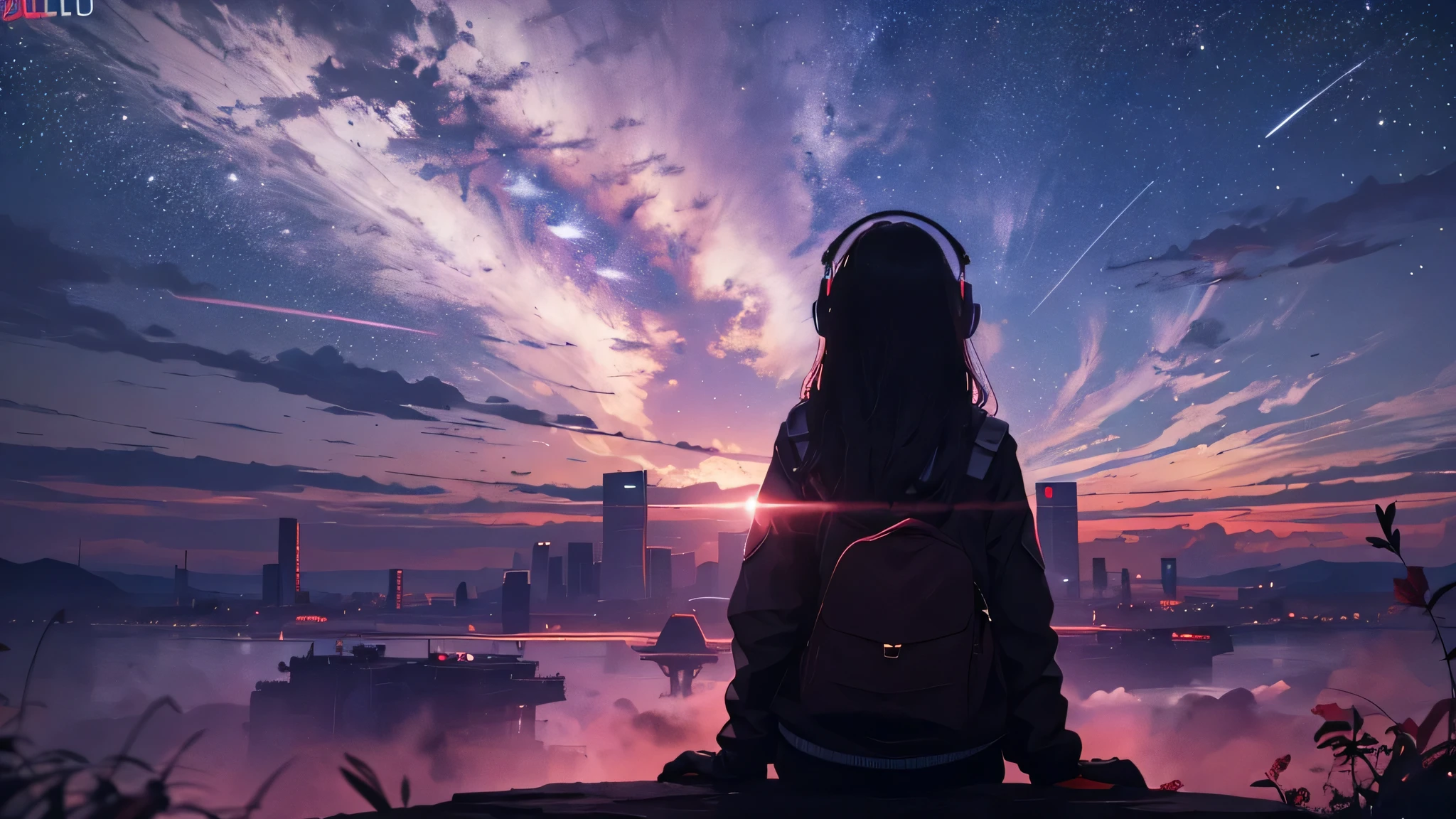 octane rating, Red sunset, star (null), scenery, starnull, night, 1 girl,silhouette, wear headphones,nightnull, alone, outdoors, building, cloud, milky way, sit down,nullを見上げている, wood, long hair, city, run away,
