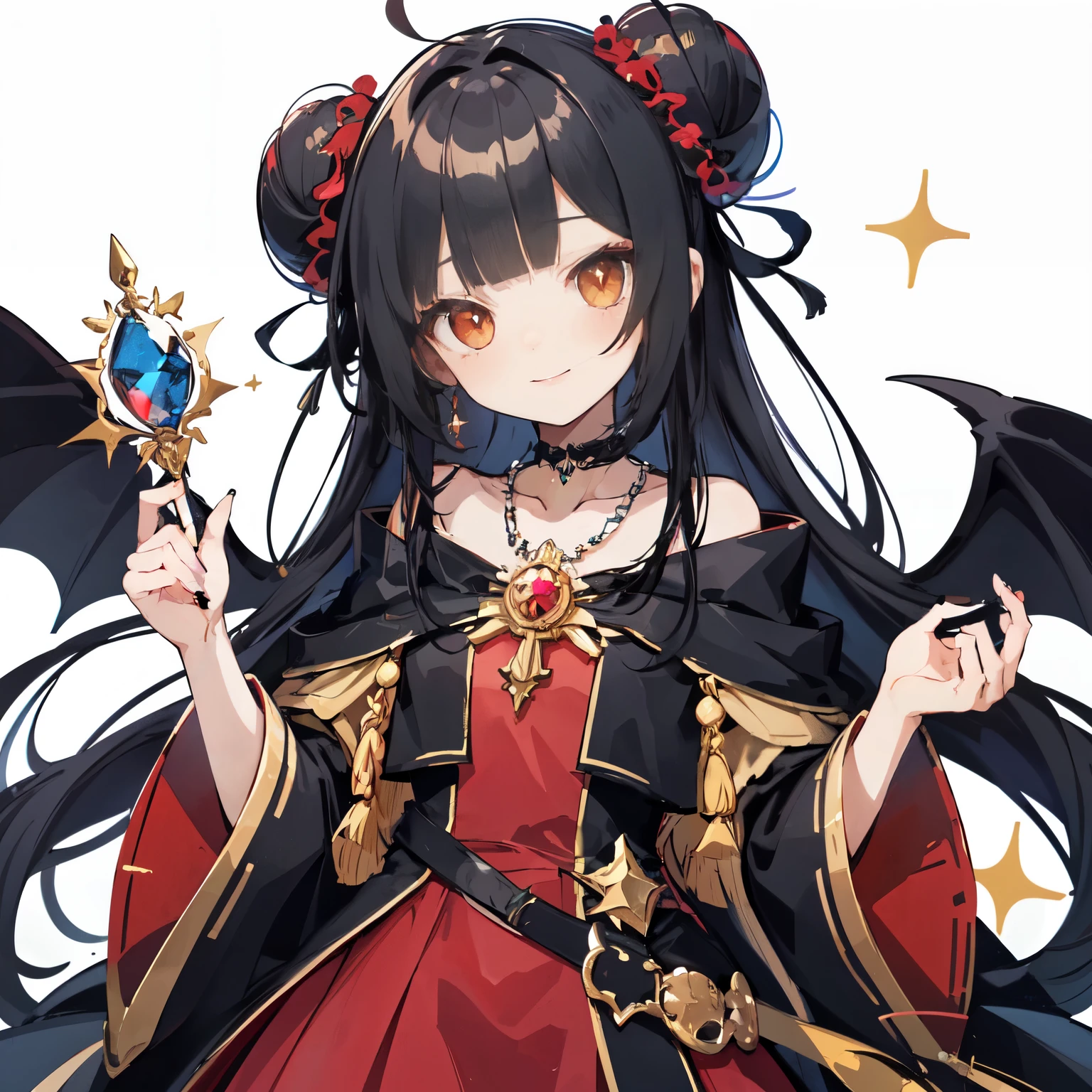 Woman's red and black wizard's robe. she has a beautiful face and bright、golden eyes. A red, sparkling magical light can be seen around her.、Detail view. bright colors. High resolution.magic wand、black hair、Red Gemstone Necklace、Bun hair in a high position、Magical girl、Western style、Little devil smile