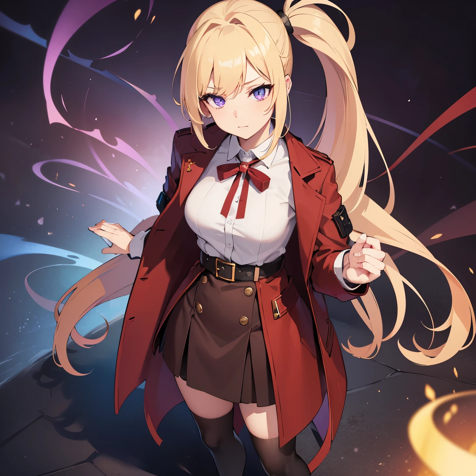 (high quality, 4k, vivid colors),portrait, female, 1girl, beautiful detailed purple eyes, beautiful blonde ponytail, detailed eyes and face, smooth white skin, red shirt, brown winter jacket, unbuttoned jacket, facing to the viewer. Full body. Dark brown skirt. Stockings. Full body from head to toe, standing. Straight pose