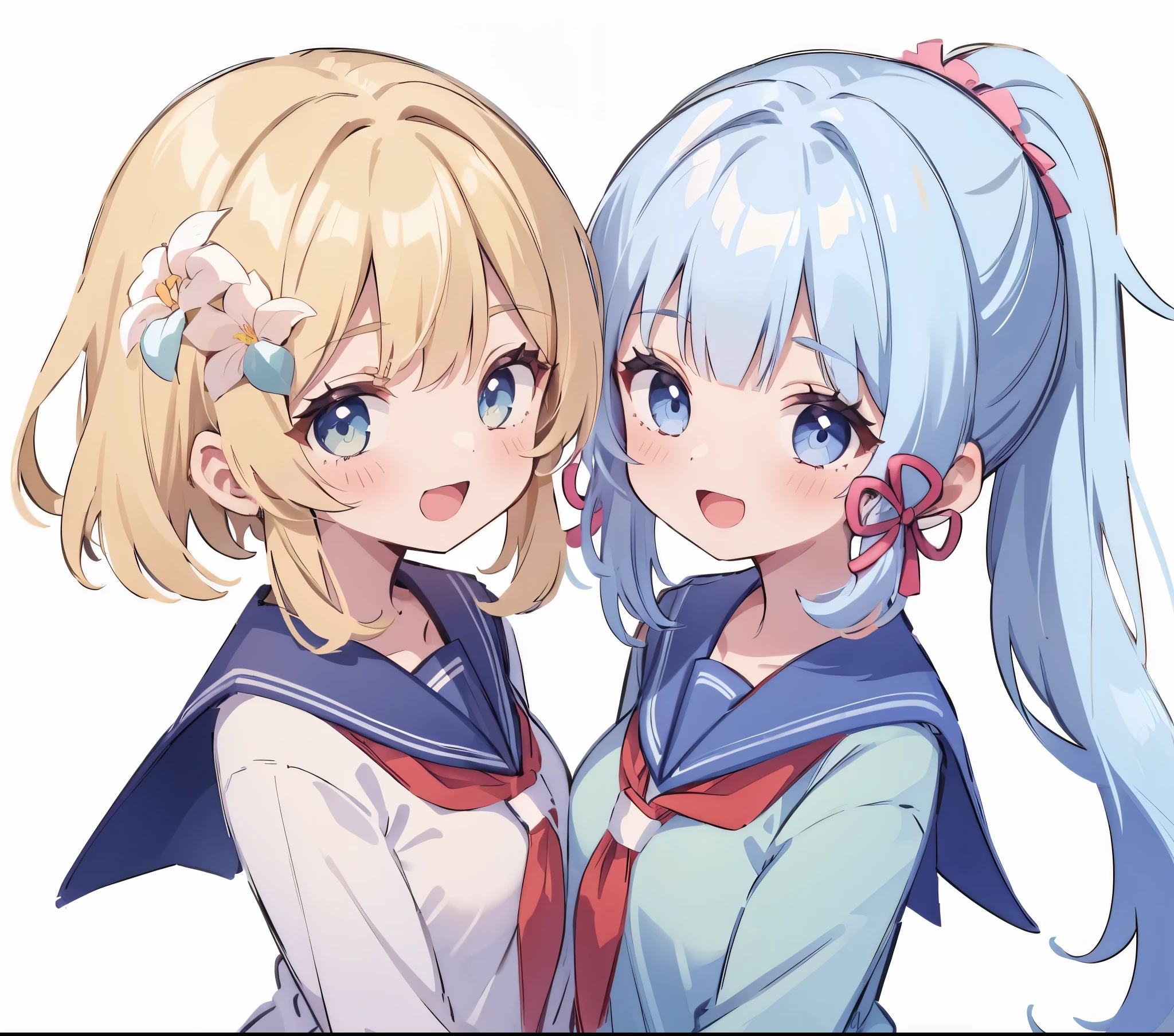 2 girl, eye contact, holding hands, mega breasts, white background, school uniform, sailor suit, ;d,