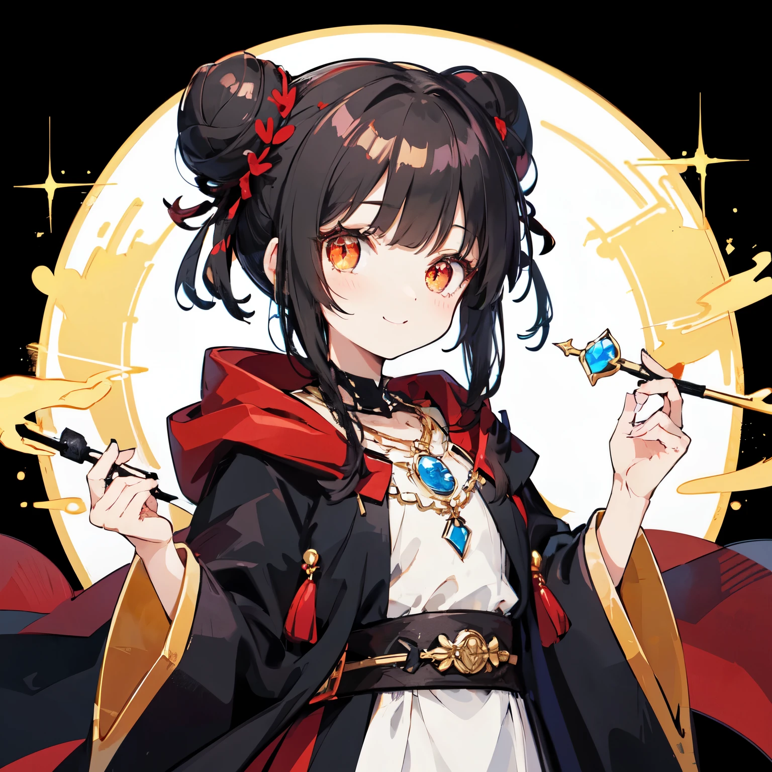 Cute girl, short black hair, smile, gold crown with pearls and decorations, red collar, red wide collar, black dress with long sleeves, big breasts, red belt, red decoration on the waist