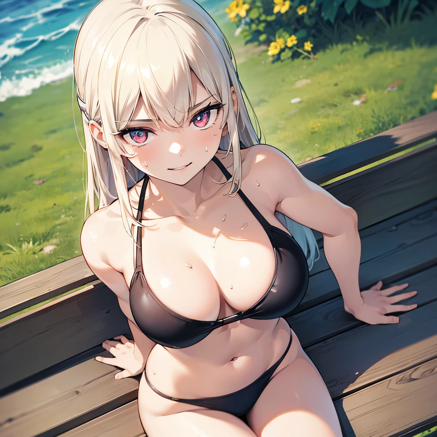 (masterpiece, best quality, high resolution, animescreencap, anime colored,), (perfect anatomy, beautiful detailed eyes, beautiful detailed body, beautiful breast, shiny skin), 1girl, solo, white hair, bangs, long hair, medium breasts, smiling, red eyes, anime eyes,armpits, looking at viewer, bikini ((two piece black bikini)), ((wet skin)),((sitting on a bench)), ((outdoors)), (( super sweaty body)), ((looking from up above))),