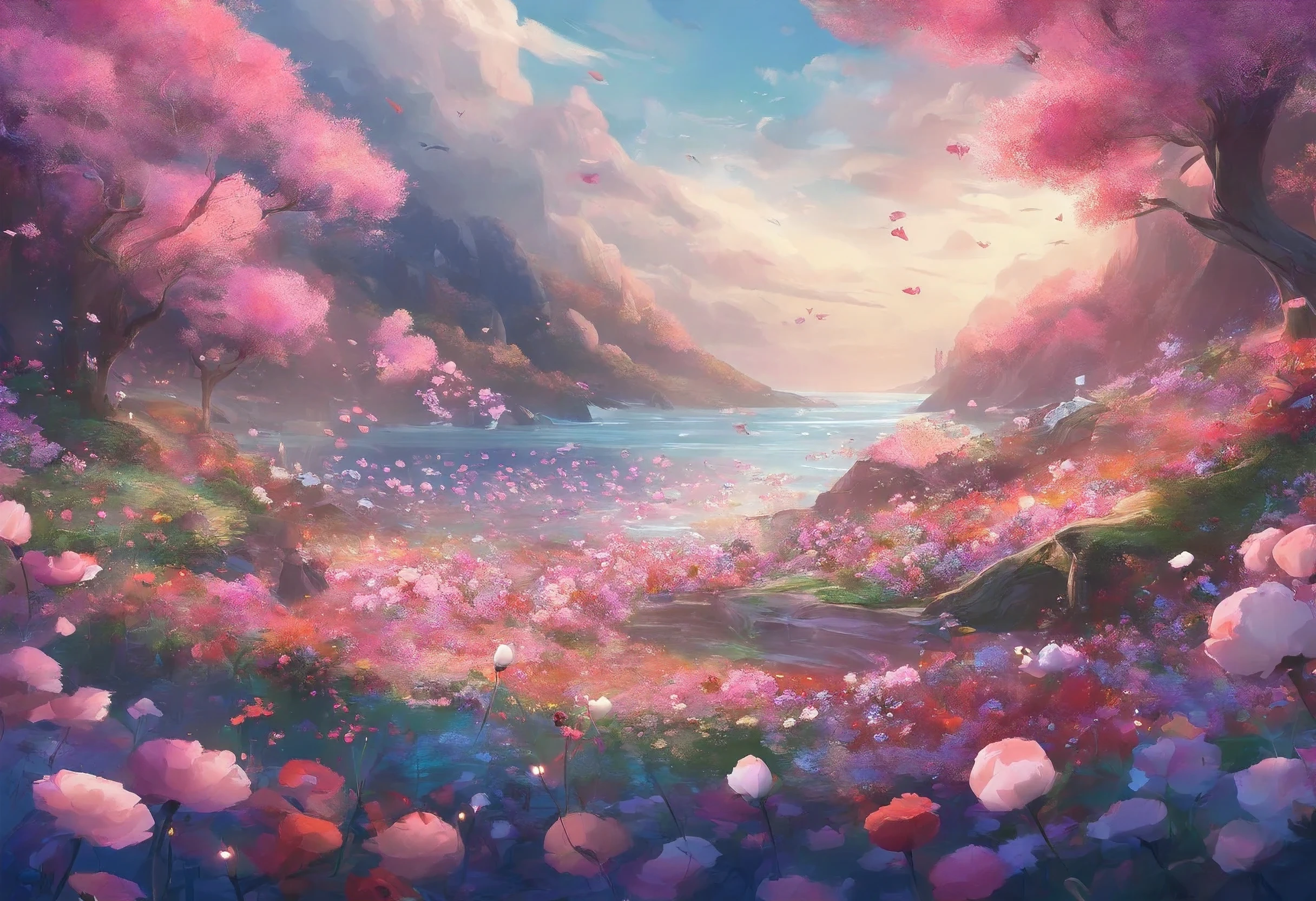 sea of flowers, sea of love, petals are flying, overflowing with flowers, flowers soaring in the air
