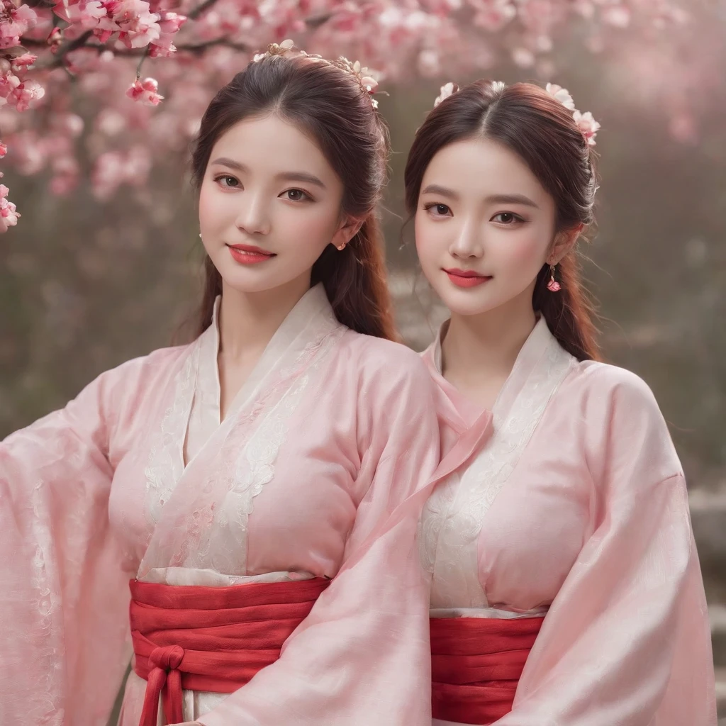 ultra-detailed, slim body, tight waist, small head, small face, beautiful detailed eyes, detailed skin, thin thighs, thin legs, huge round breasts, studio lighting, full shot, earrings, (smile), (embrace), ((hanfu)), ((2 girls in red or pink)), flowers, dusk