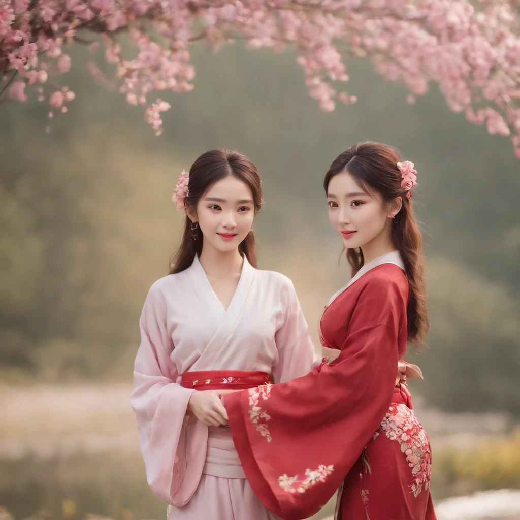 ultra-detailed, slim body, tight waist, small head, small face, beautiful detailed eyes, detailed skin, thin thighs, thin legs, huge round breasts, studio lighting, full shot, earrings, (smile), (embrace), ((hanfu)), ((2 girls in red or pink)), flowers, dusk