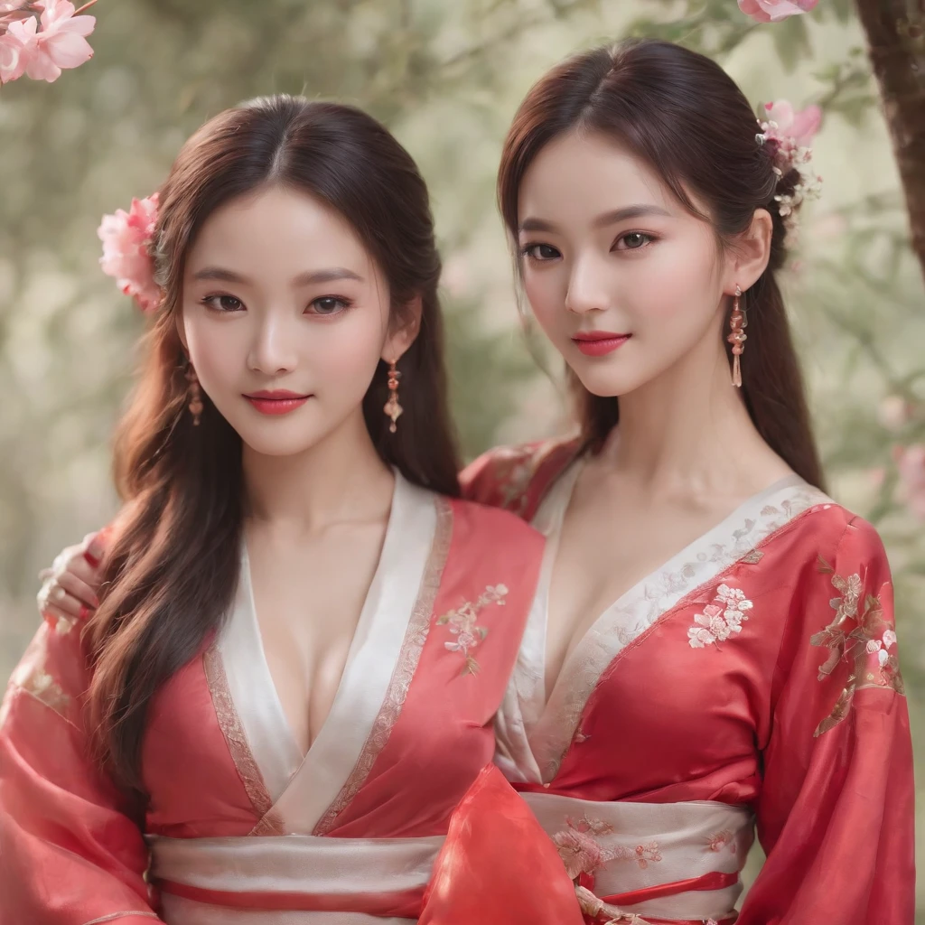 ultra-detailed, slim body, tight waist, small head, small face, beautiful detailed eyes, detailed skin, thin thighs, thin legs, huge round breasts, studio lighting, full shot, earrings, (smile), (embrace), ((hanfu)), ((2 girls in red or pink)), flowers, dusk