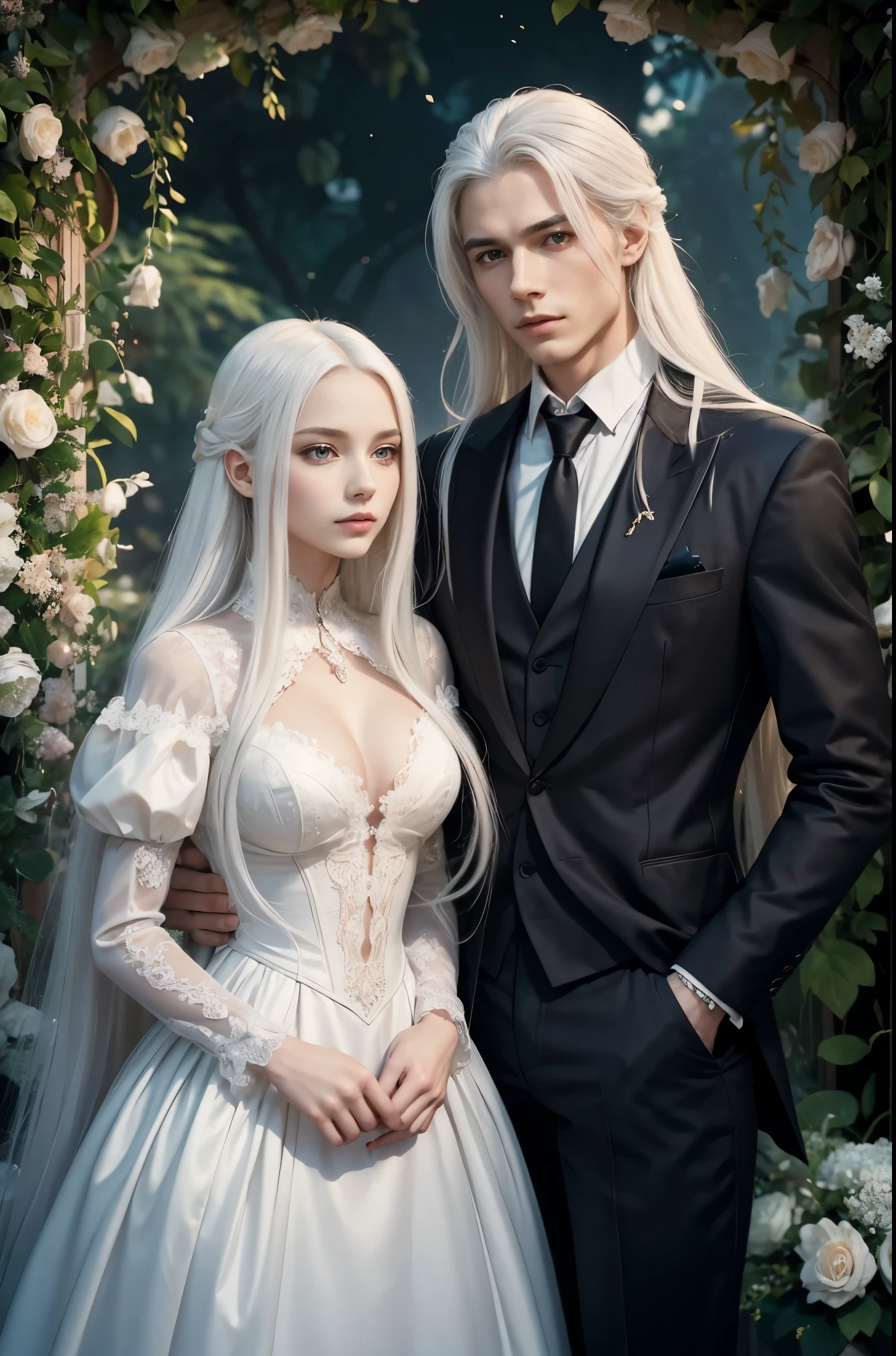 Fantasy, light, gardens, 16th century, man and woman next to each other. A young man with long platinum hair, a strong build, a scarlet shirt unbuttoned at the chest. A beautiful girl with long white hair, in a beautiful ball gown of modern tailoring, fantastic background, fabulous, delicate tones.