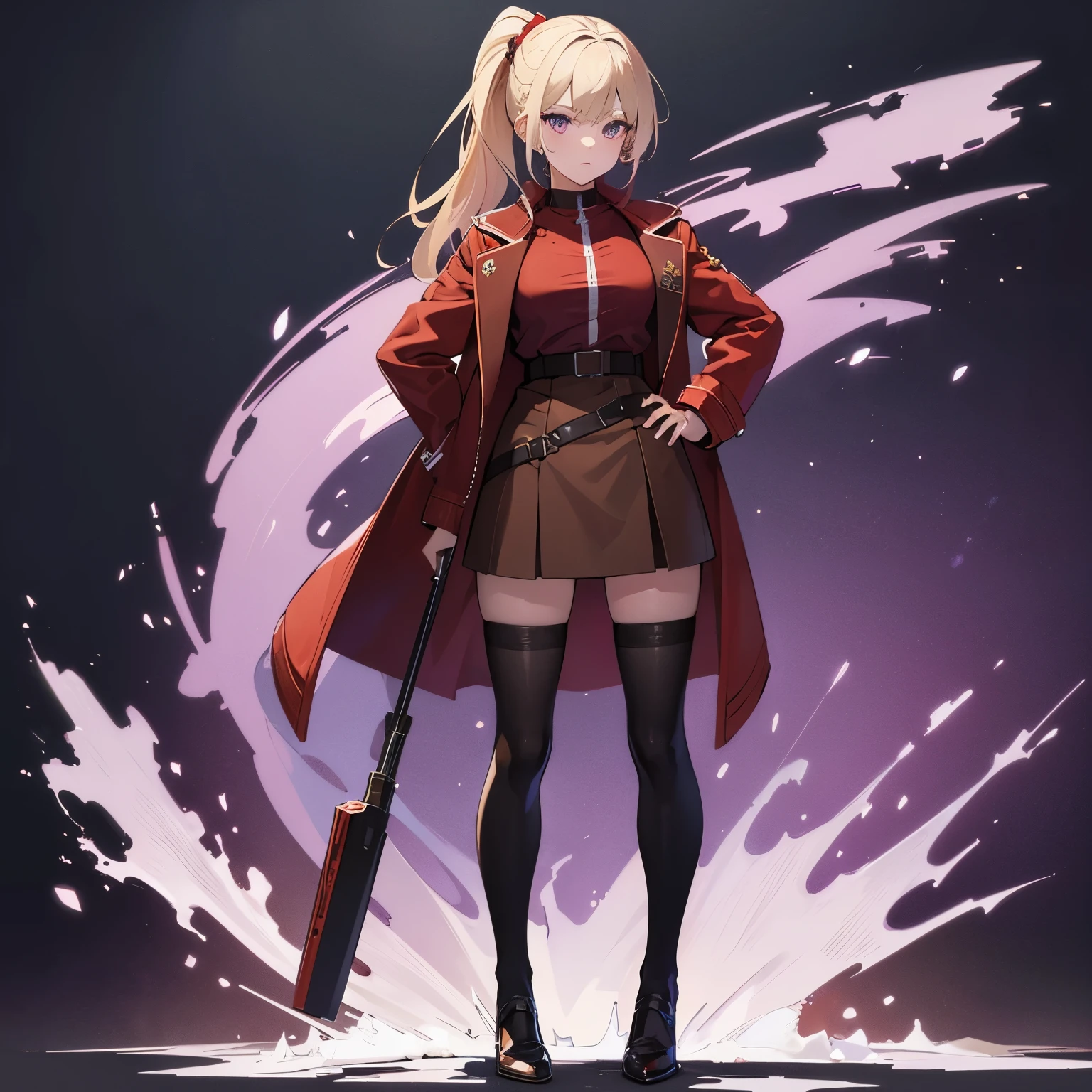 (high quality, 4k, vivid colors),portrait, female, 1girl, beautiful detailed purple eyes, beautiful blonde ponytail, detailed eyes and face, smooth white skin, red shirt, brown winter jacket, unbuttoned jacket, facing to the viewer. Full body. Dark brown skirt. Stockings. Full body from head to toe, standing. Straight pose. Military lady