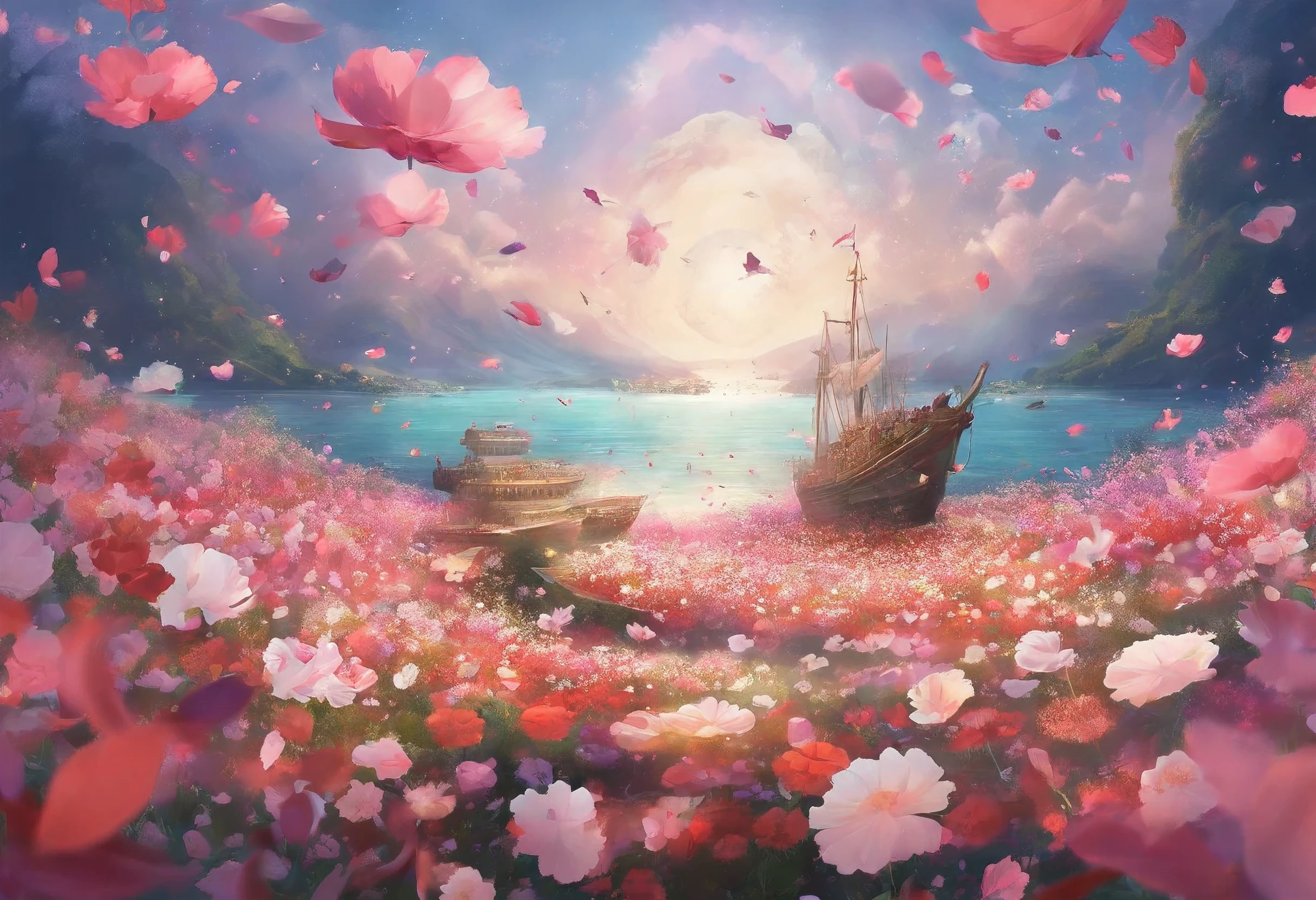 sea of flowers, sea of love, petals are flying, overflowing with flowers, flowers soaring in the air